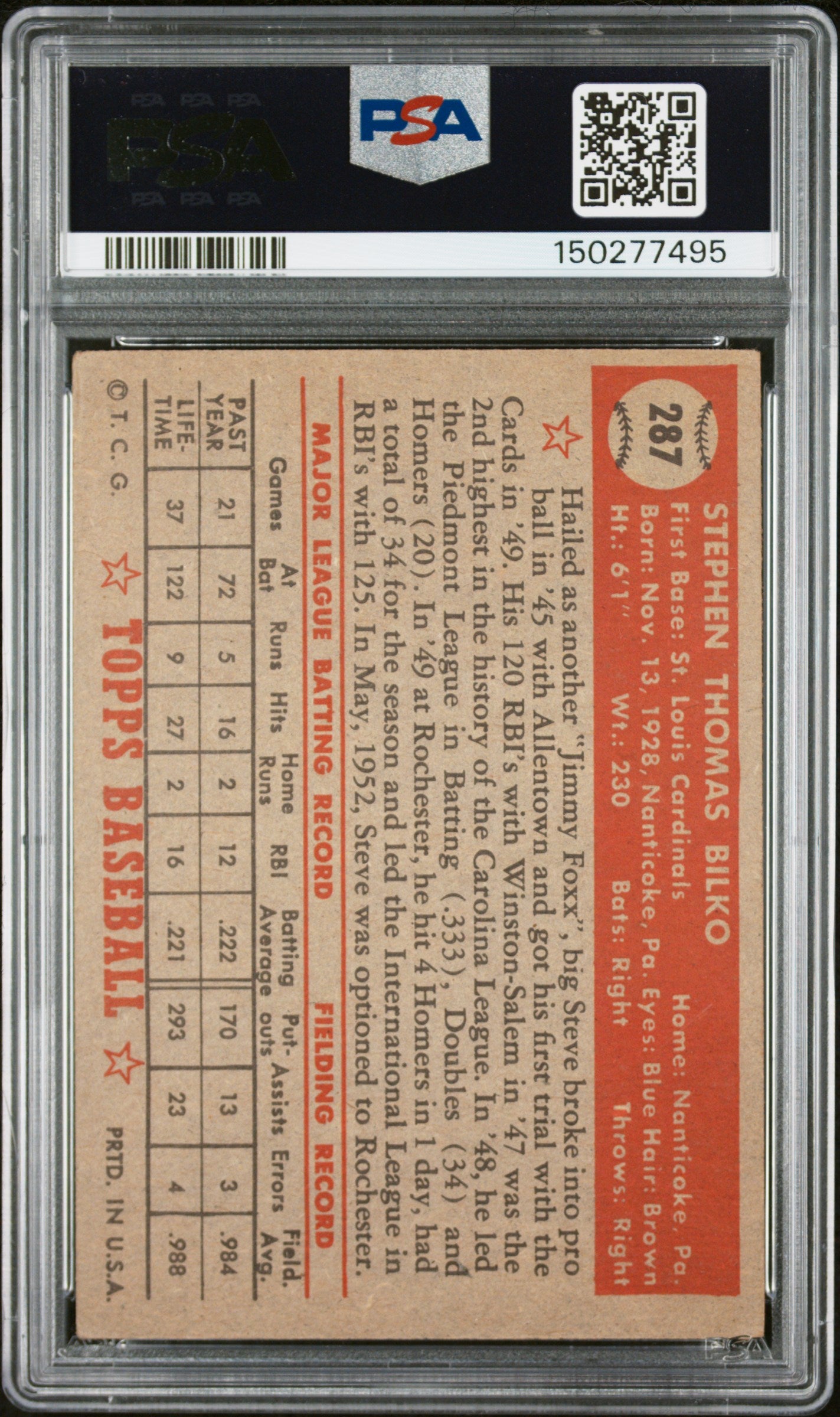 1952 Topps #287 Steve Bilko PSA 3 SN 150277495