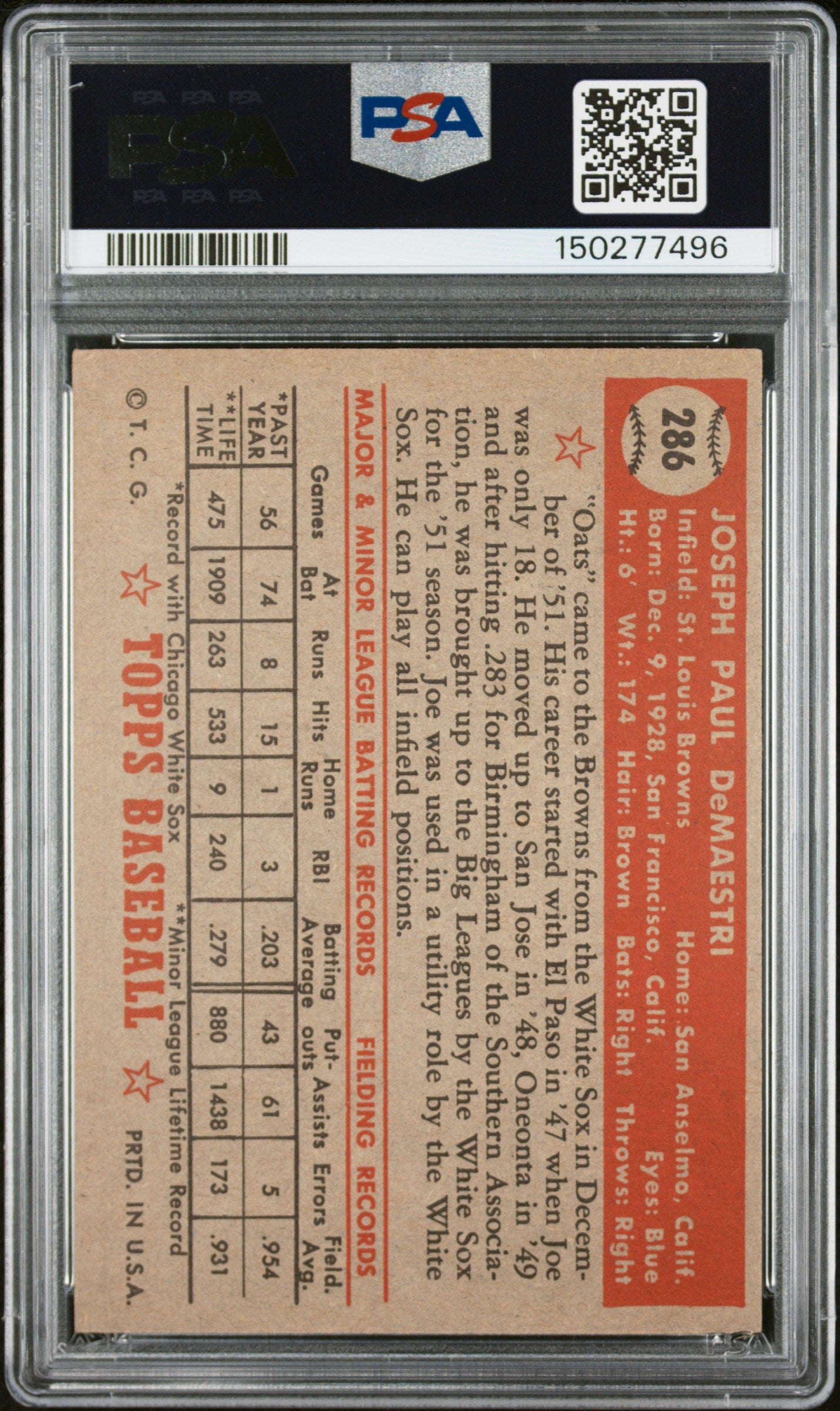 1952 Topps #286 Joe Demaestri PSA 4 SN 150277496