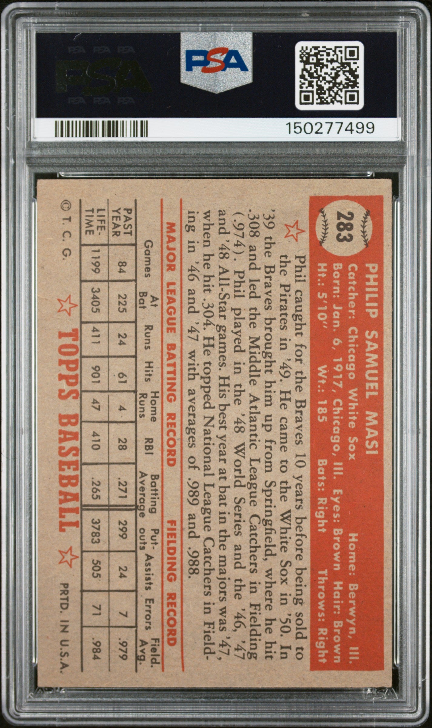 1952 Topps #283 Phil Masi PSA 5 SN 150277499