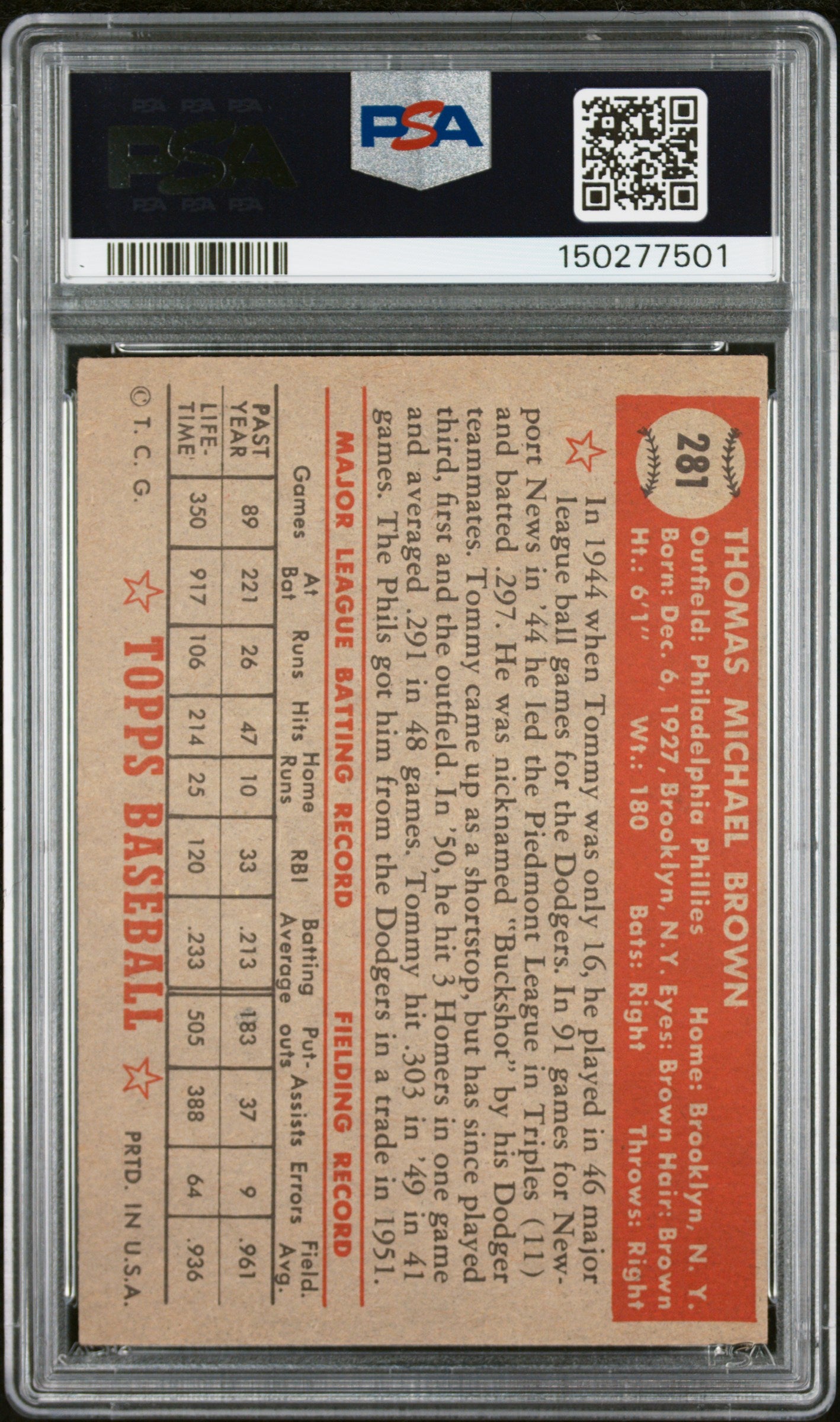 1952 Topps #281 Tommy Brown PSA 4 SN 150277501
