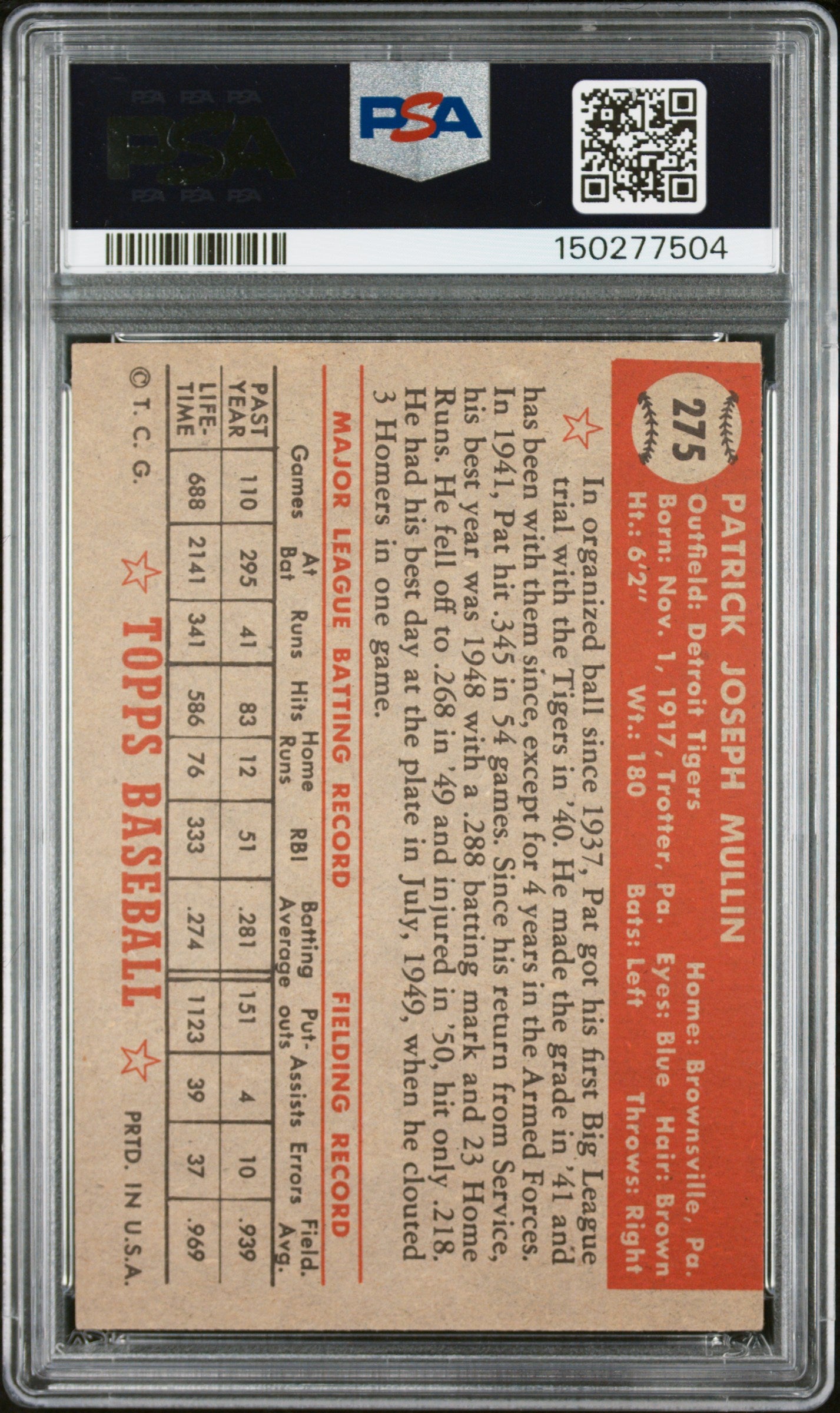 1952 Topps #275 Pat Mullin PSA 4 SN 150277504