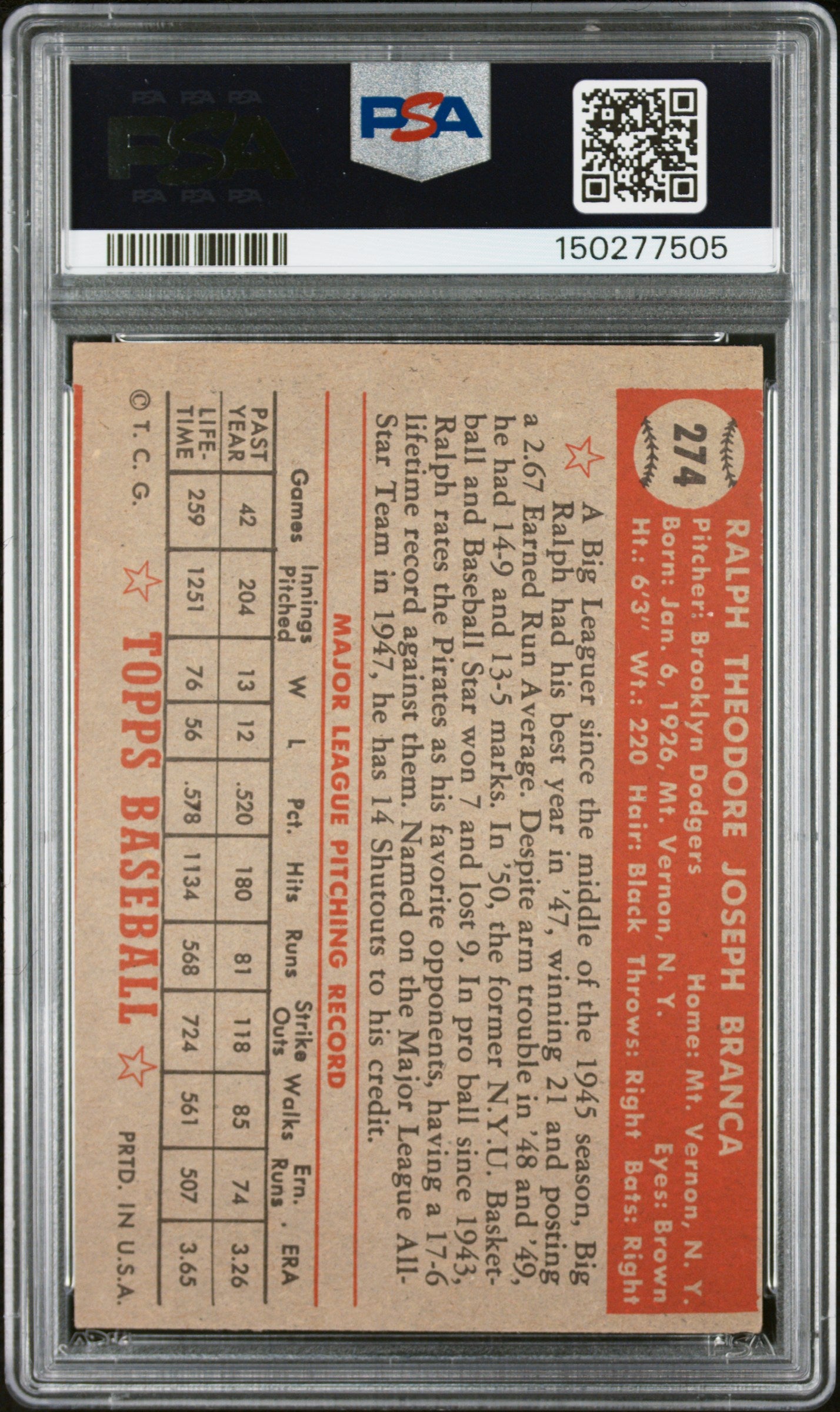 1952 Topps #274 Ralph Branca PSA 4 SN 150277505
