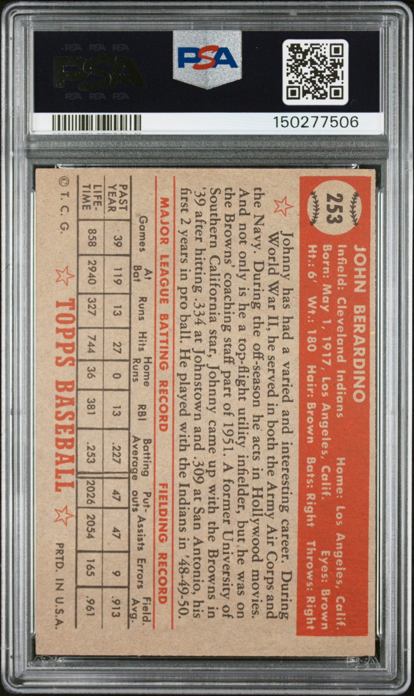 1952 Topps #253 Johnny Berardino PSA 4 SN 150277506
