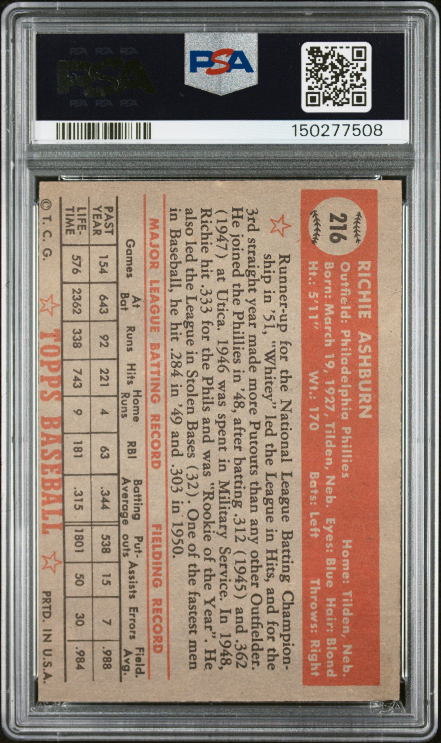 1952 Topps #216 Richie Ashburn PSA 5 SN 150277508