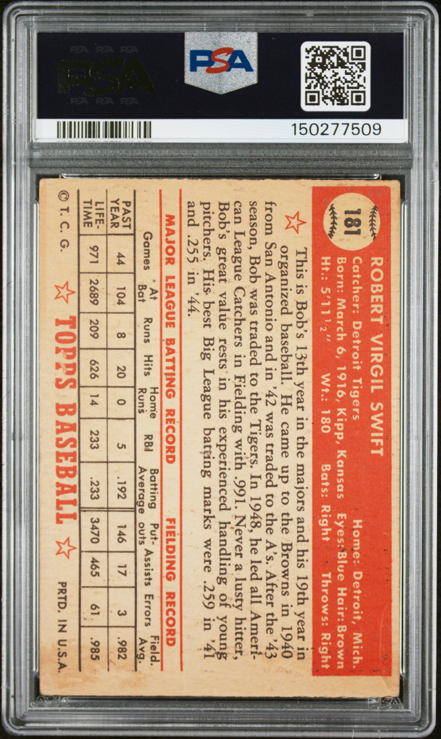 1952 Topps #181 Bob Swift PSA 2 SN 150277509