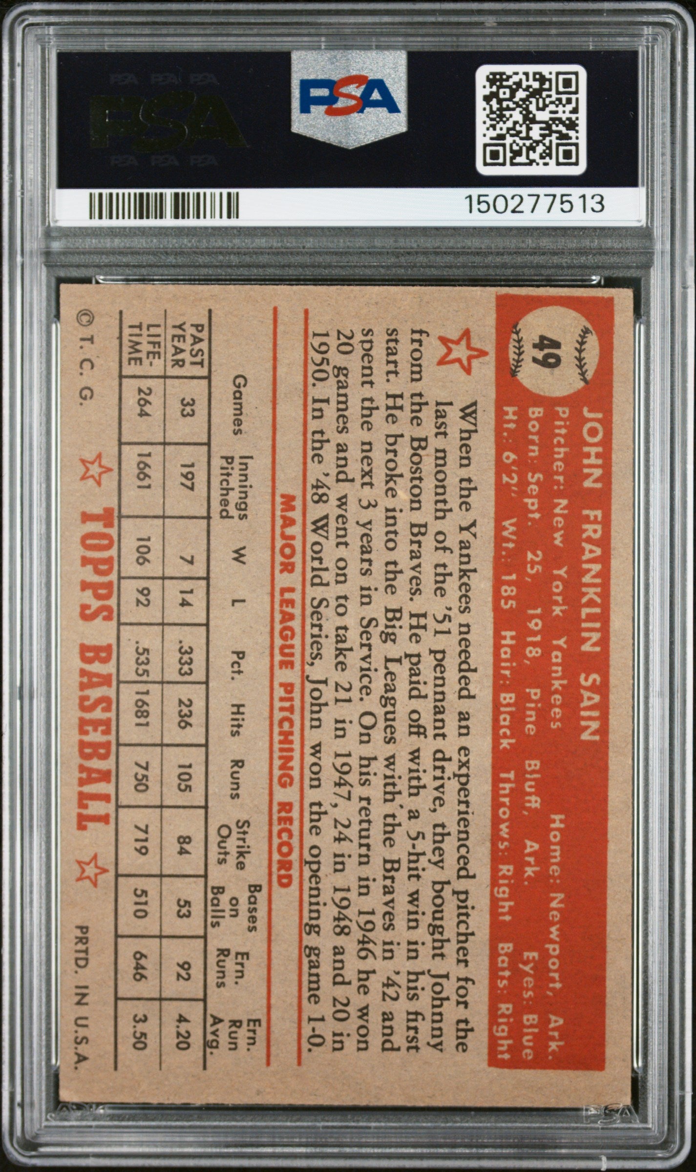 1952 Topps #49 Johnny Sain Correct Bio PSA 4 SN 150277513