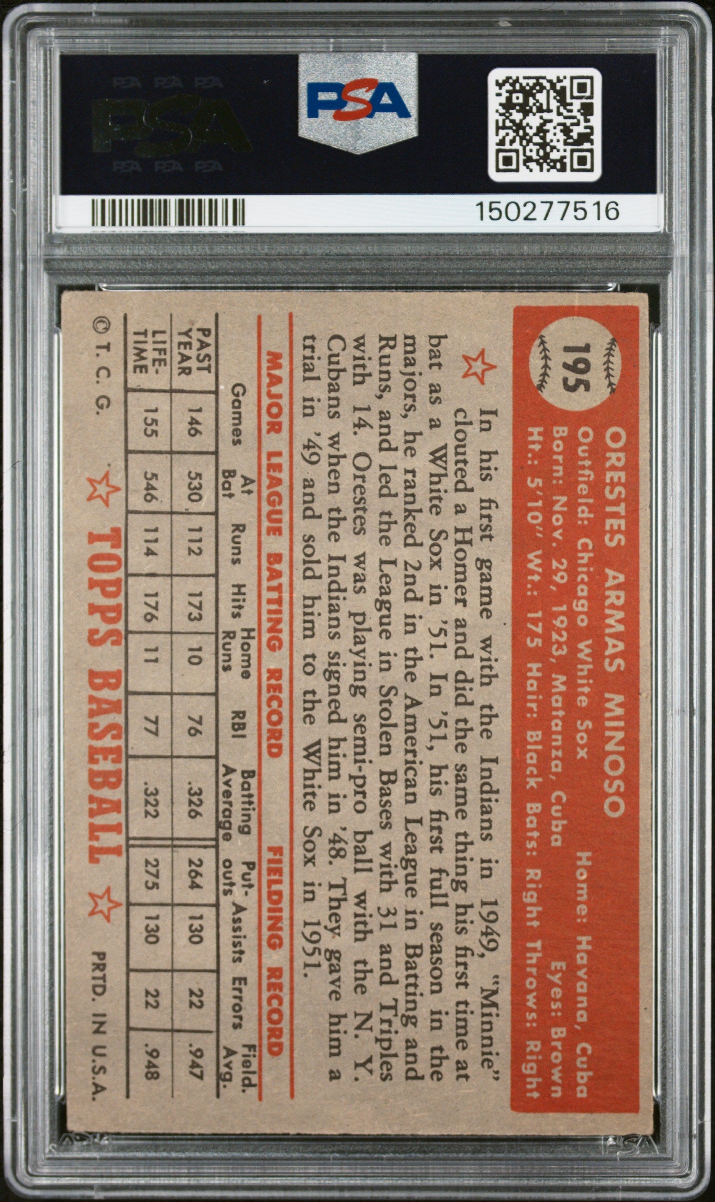 1952 Topps #195 Orestes Minoso PSA 4 SN 150277516
