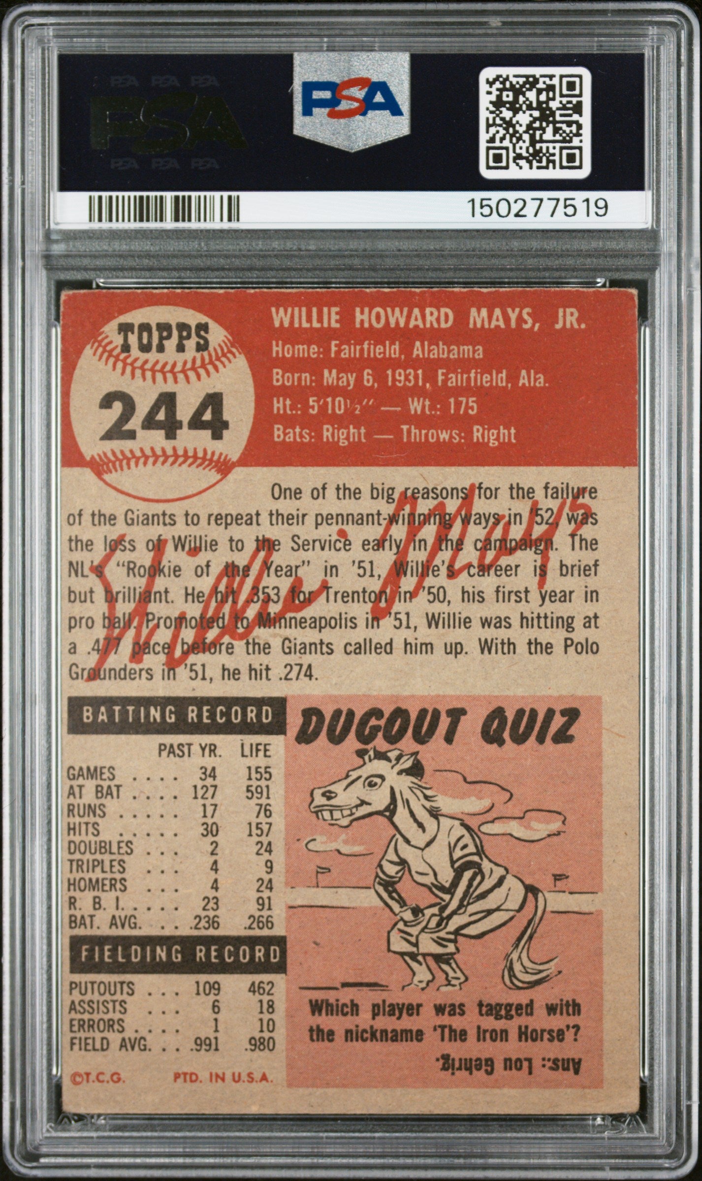 1953 Topps #244 Willie Mays PSA 1 SN 150277519