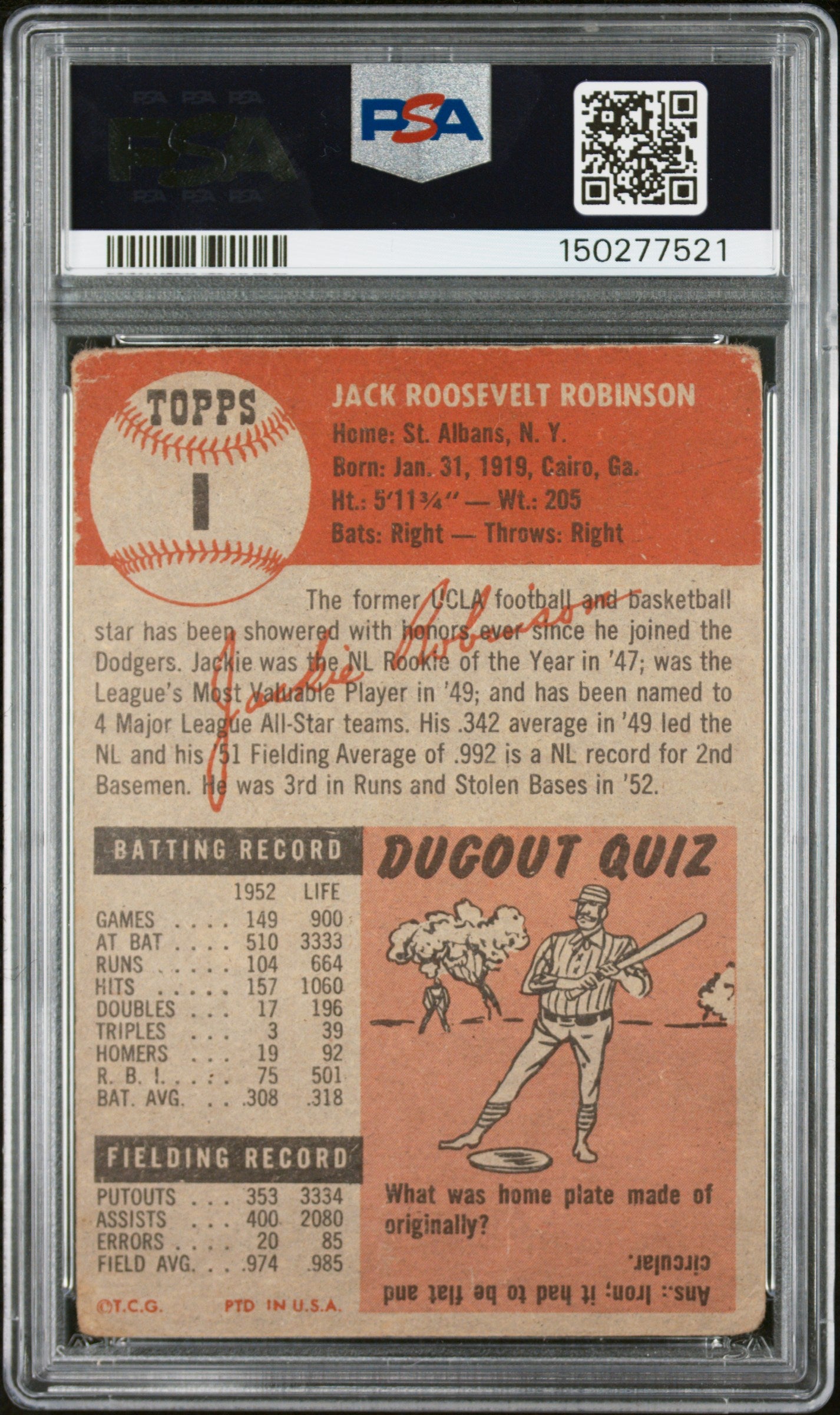 1953 Topps #1 Jackie Robinson PSA 1 SN 150277521