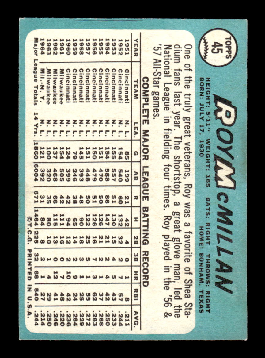 1965 Topps #45 Roy McMillan New York Mets EXMT CS26015345