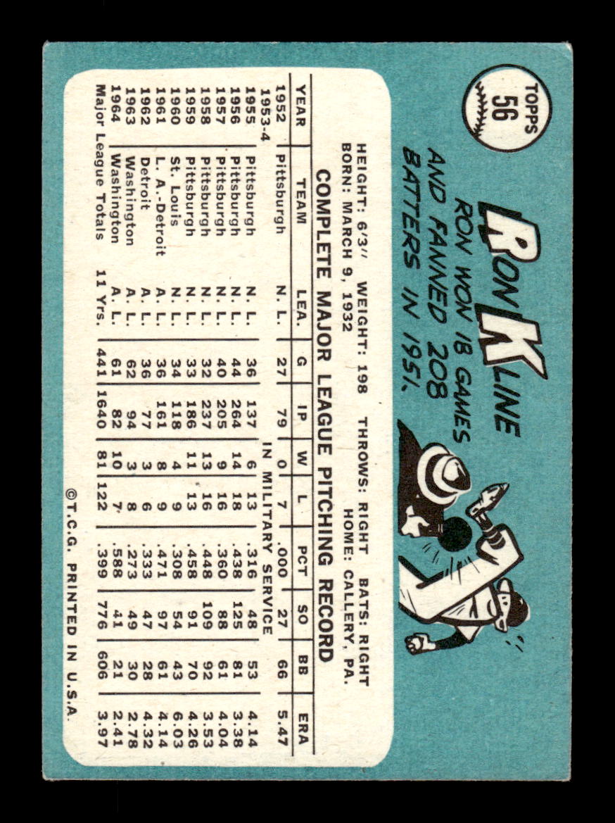 1965 Topps #56 Ron Kline Washington Senators EXMT CS26015354
