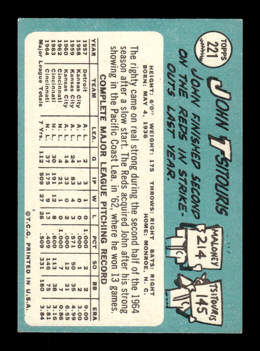 1965 Topps #221 John Tsitouris Cincinnati Reds EXMT CS26015485