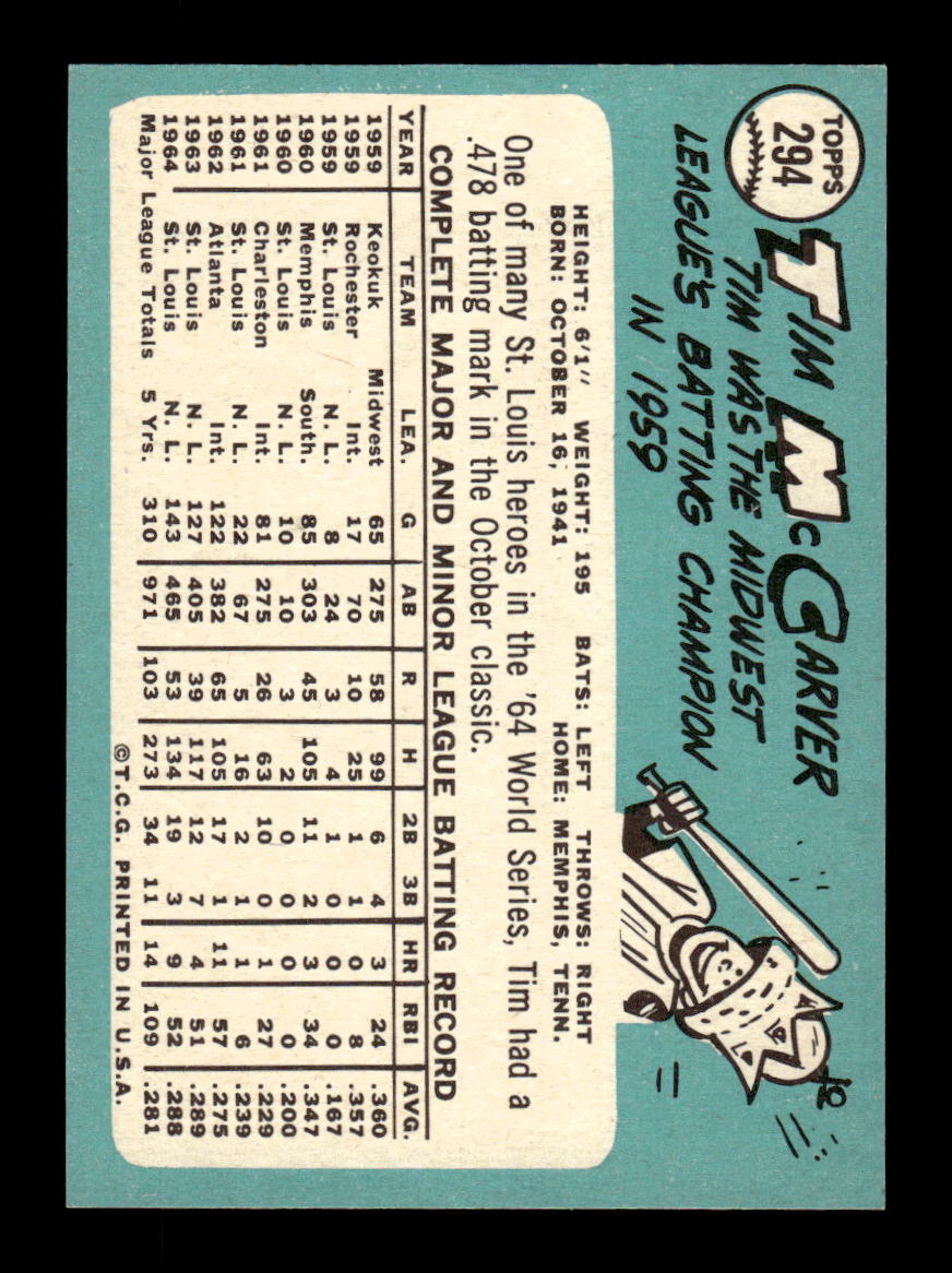 1965 Topps #294 Tim McCarver St. Louis Cardinals EXMT CS26015550