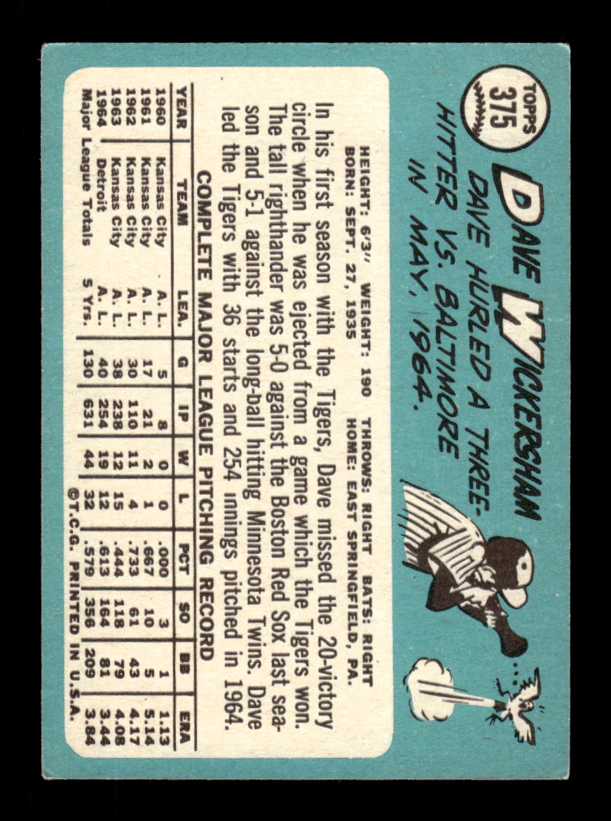 1965 Topps #375 Dave Wickersham Detroit Tigers VGEX CS26015621