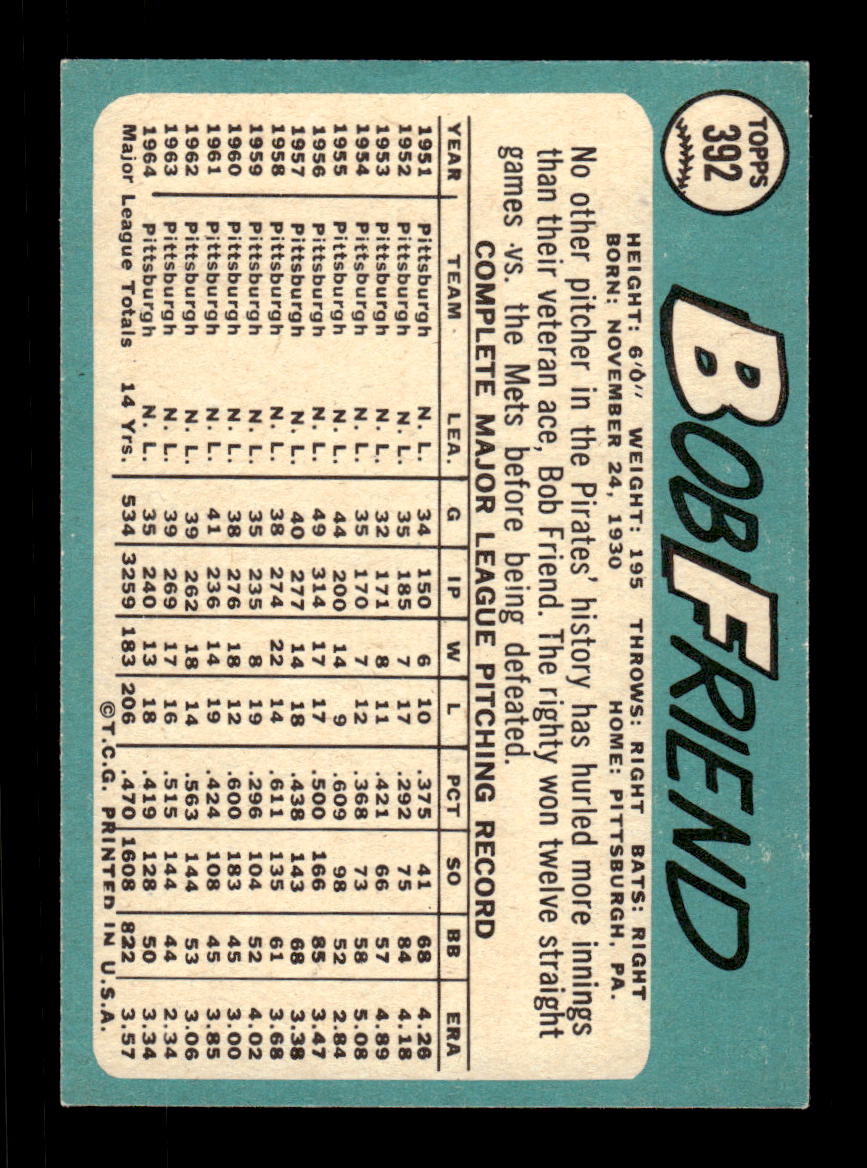 1965 Topps #392 Bob Friend Pittsburgh Pirates VGEX CS26015635