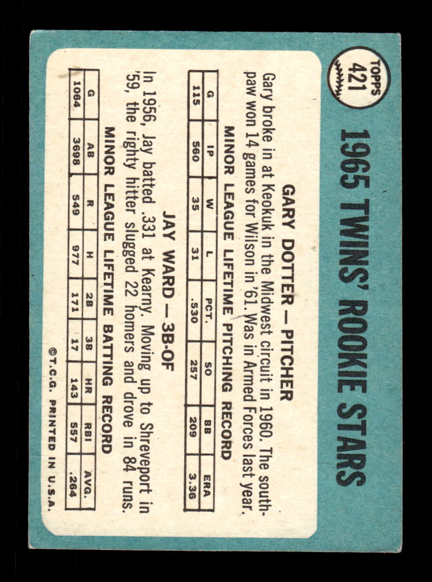 1965 Topps #421 Twins 1965 Rookie Stars Gary Dotter / Jay Ward VGEX CS26015661