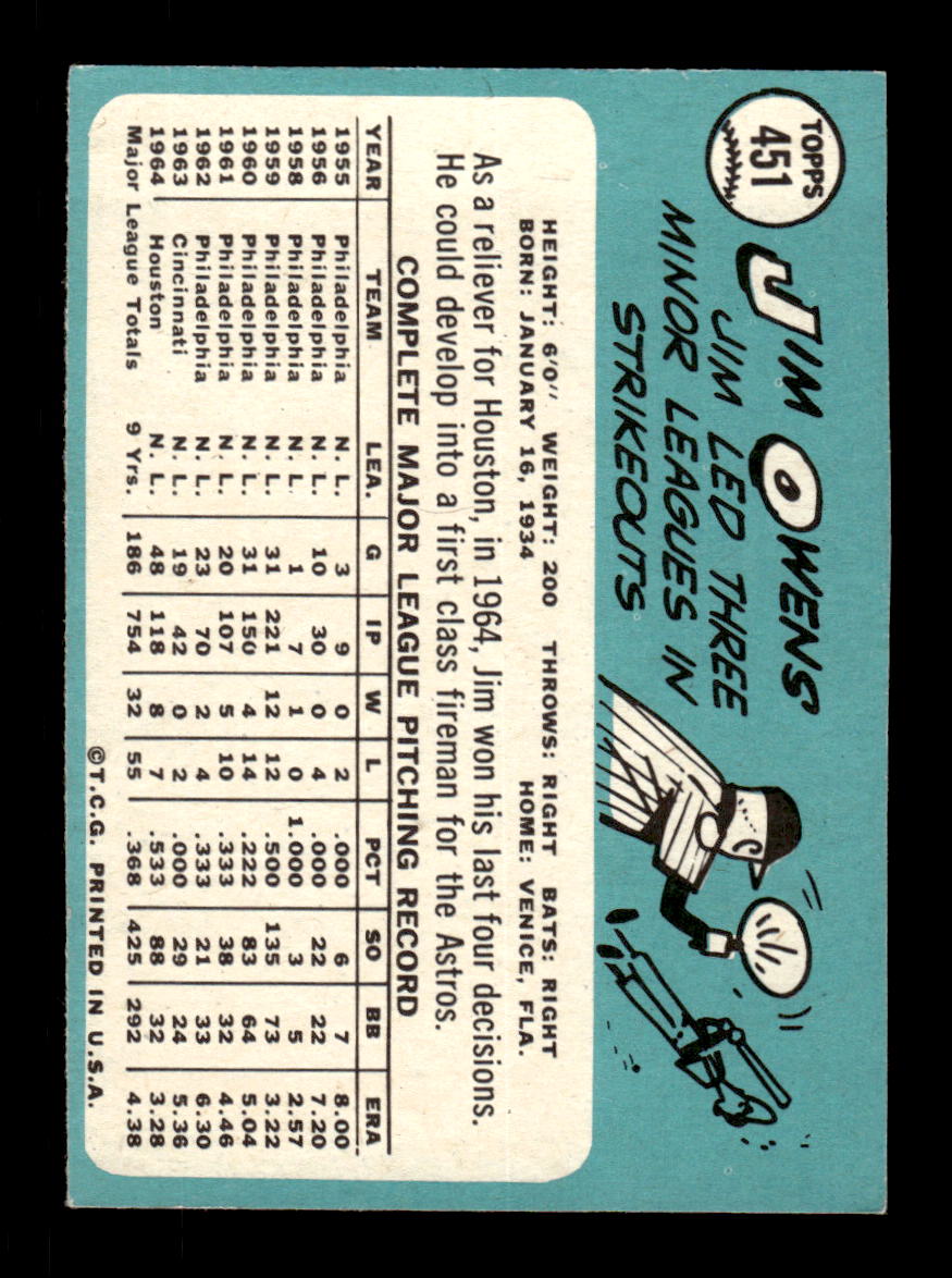 1965 Topps #451 Jim Owens Houston Astros EXMT CS26015689