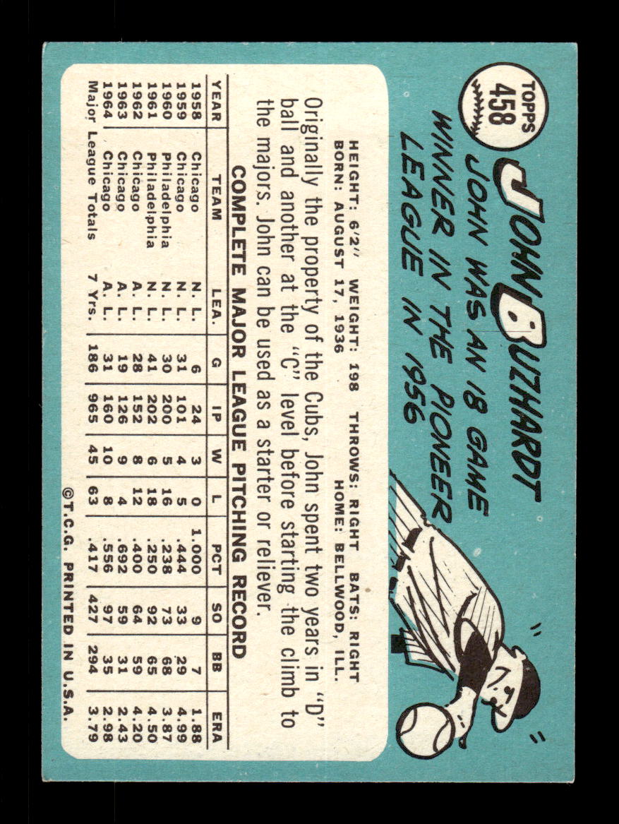 1965 Topps #458 John Buzhardt Chicago White Sox EXMT CS26015696