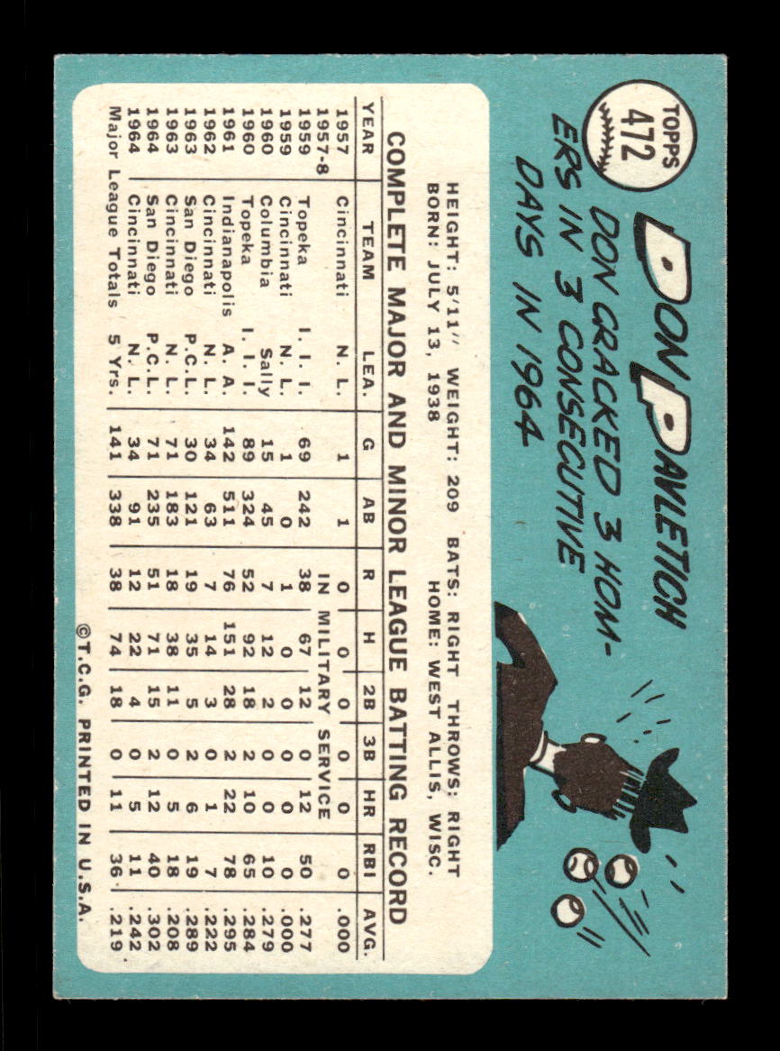 1965 Topps #472 Don Pavletich Cincinnati Reds EXMT CS26015708