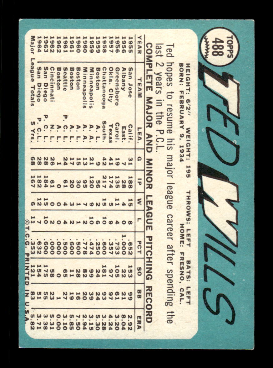 1965 Topps #488 Ted Wills Cincinnati Reds EXMT CS26015722
