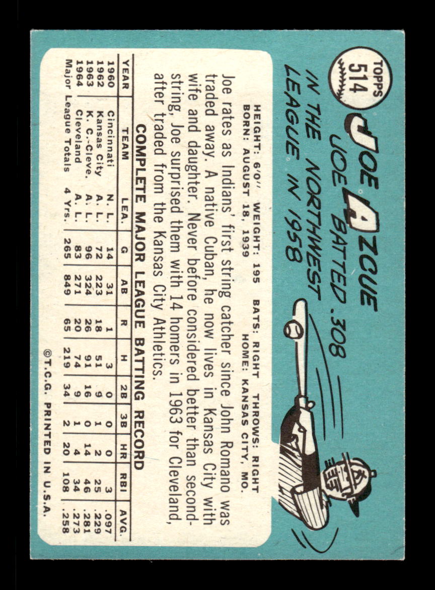 1965 Topps #514 Joe Azcue Cleveland Indians EXMT CS26015746