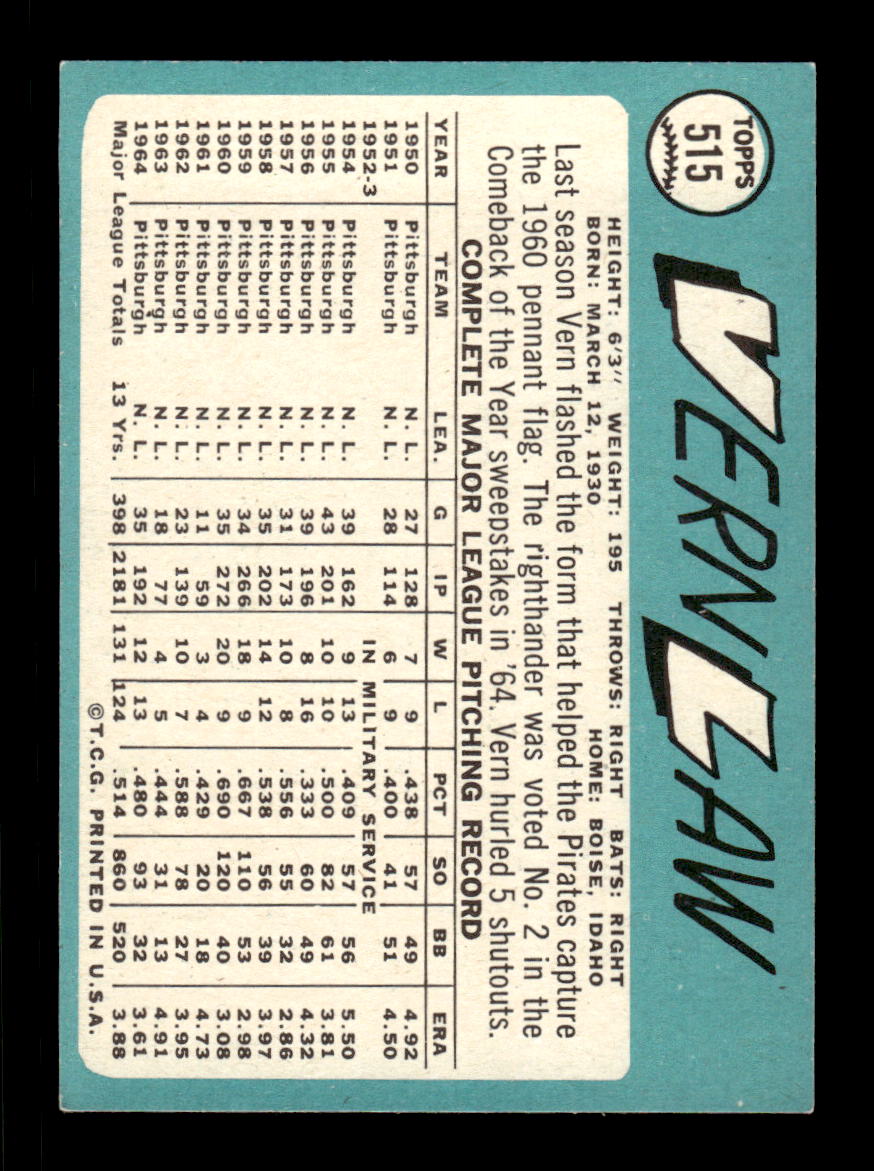 1965 Topps #515 Vern Law Pittsburgh Pirates EXMT CS26015747