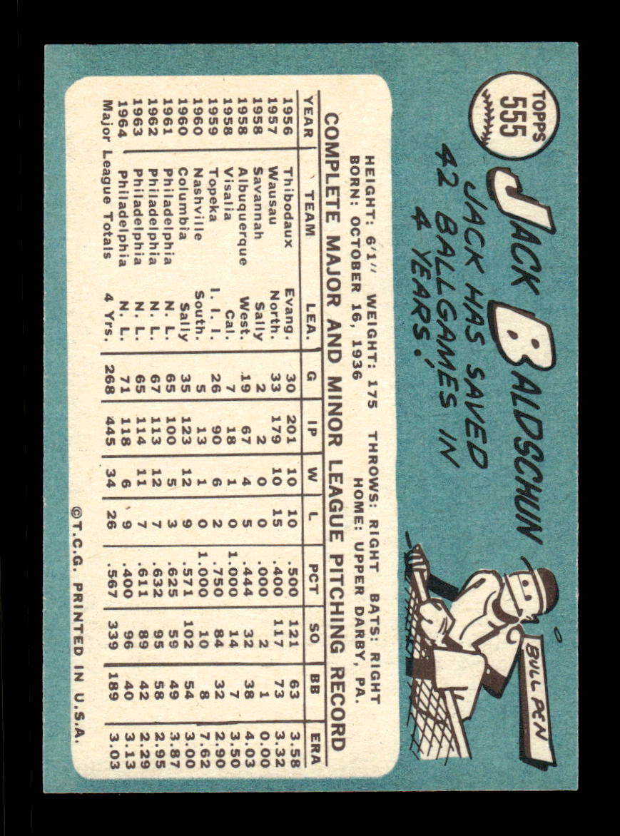 1965 Topps #555 Jack Baldschun Philadelphia Phillies EXMT CS26015783