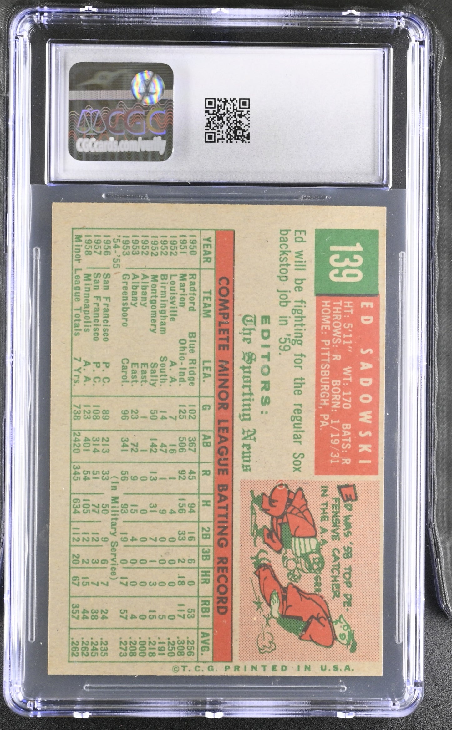 1959 Topps #139 Ed Sadowski CGC 4 SN 6142657019
