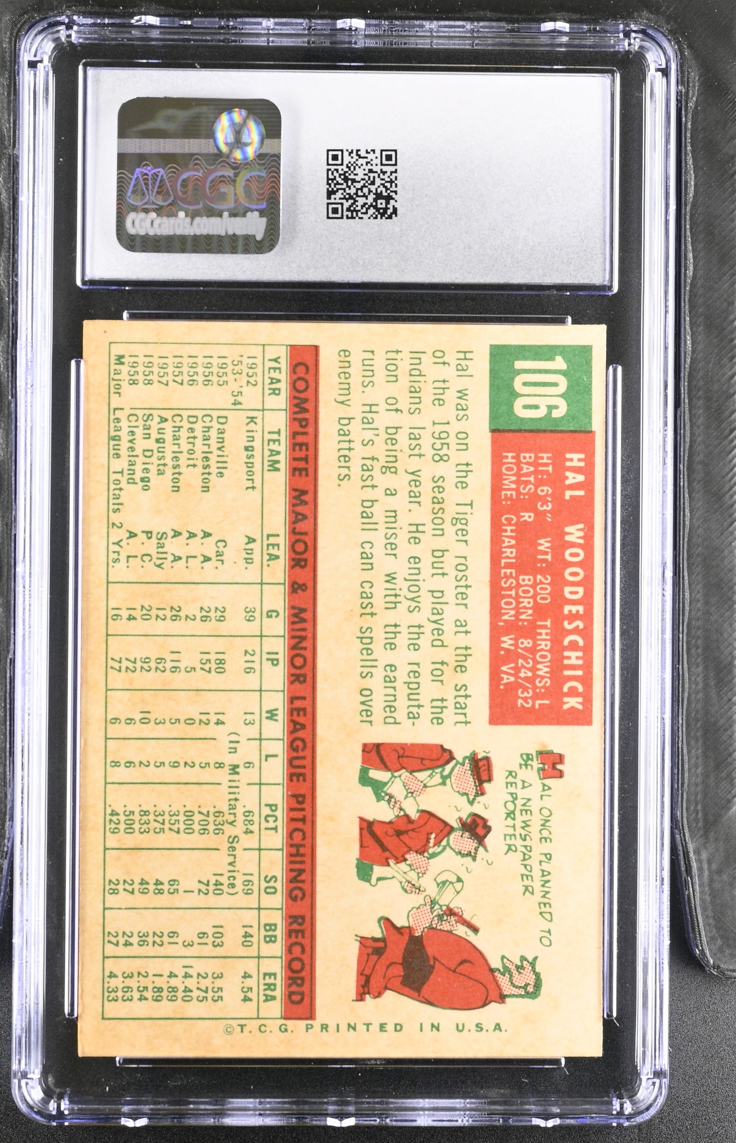 1959 Topps #106 Hal Woodeshick CGC 6 SN 6142657038