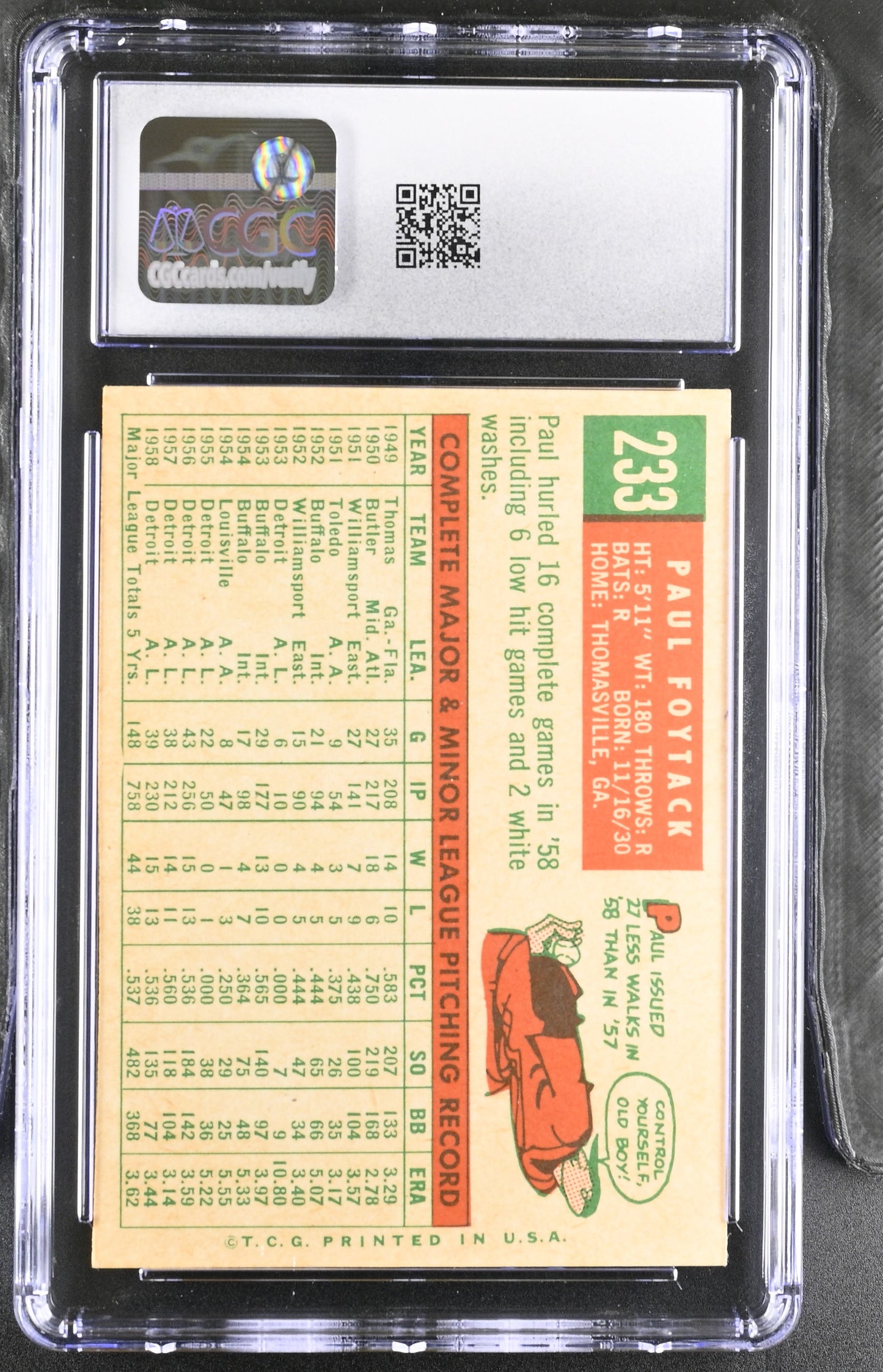 1959 Topps #233 Paul Foytack CGC 7 SN 6142657071