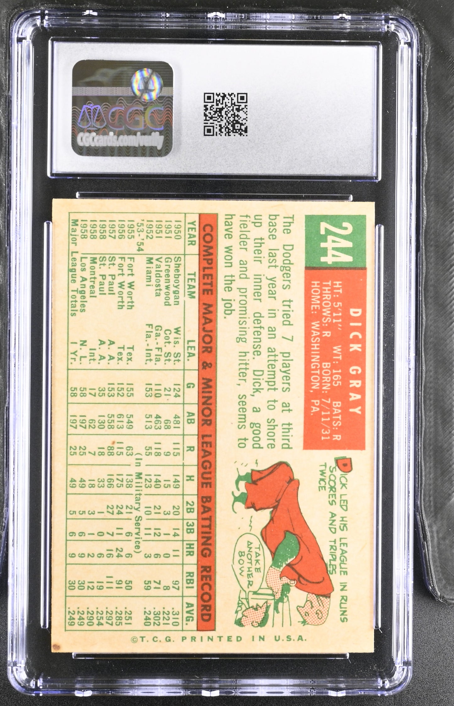 1959 Topps #244 Dick Gray CGC 6 SN 6142657078