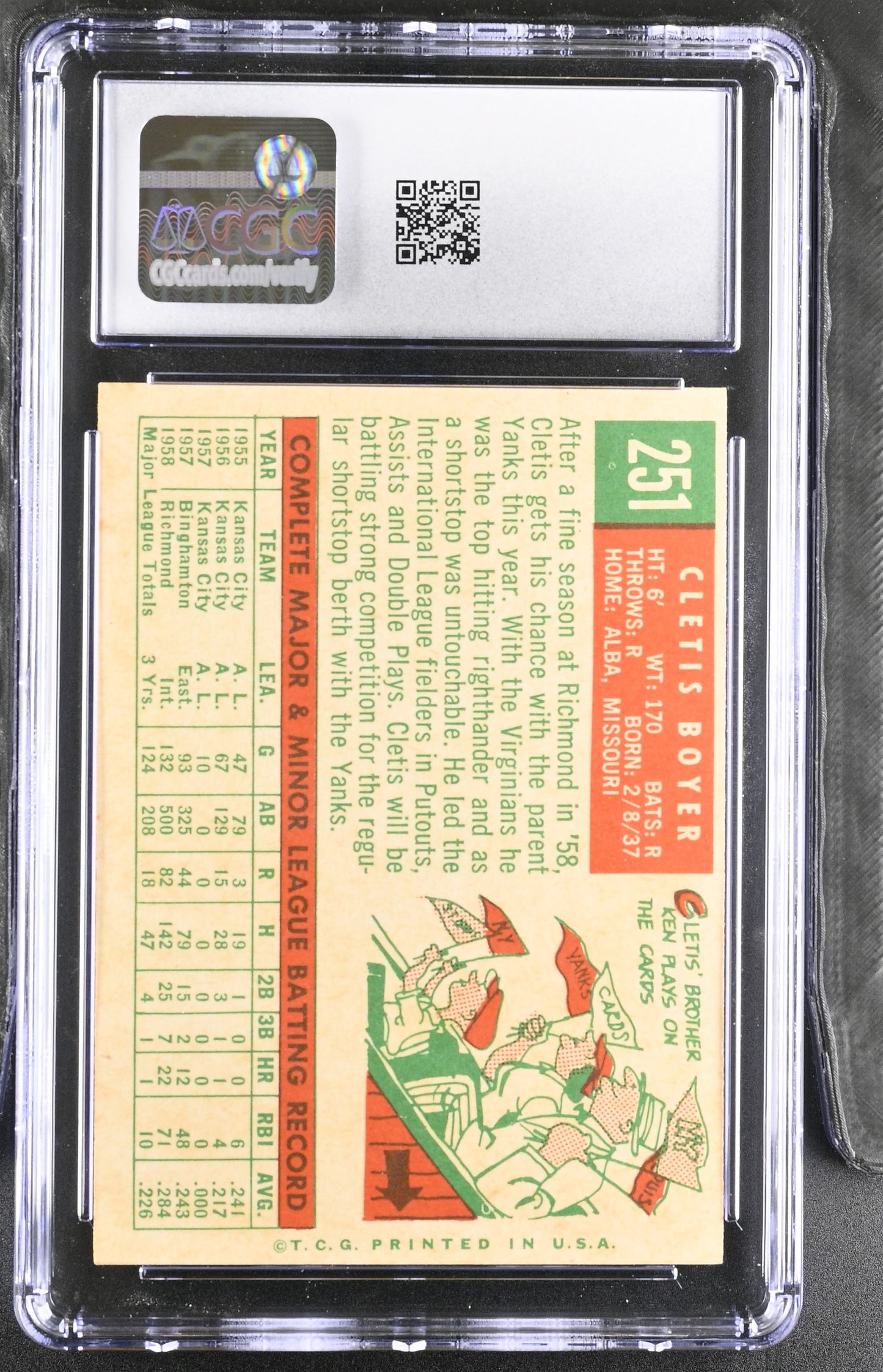 1959 Topps #251 Clete Boyer CGC 6 SN 6142657091