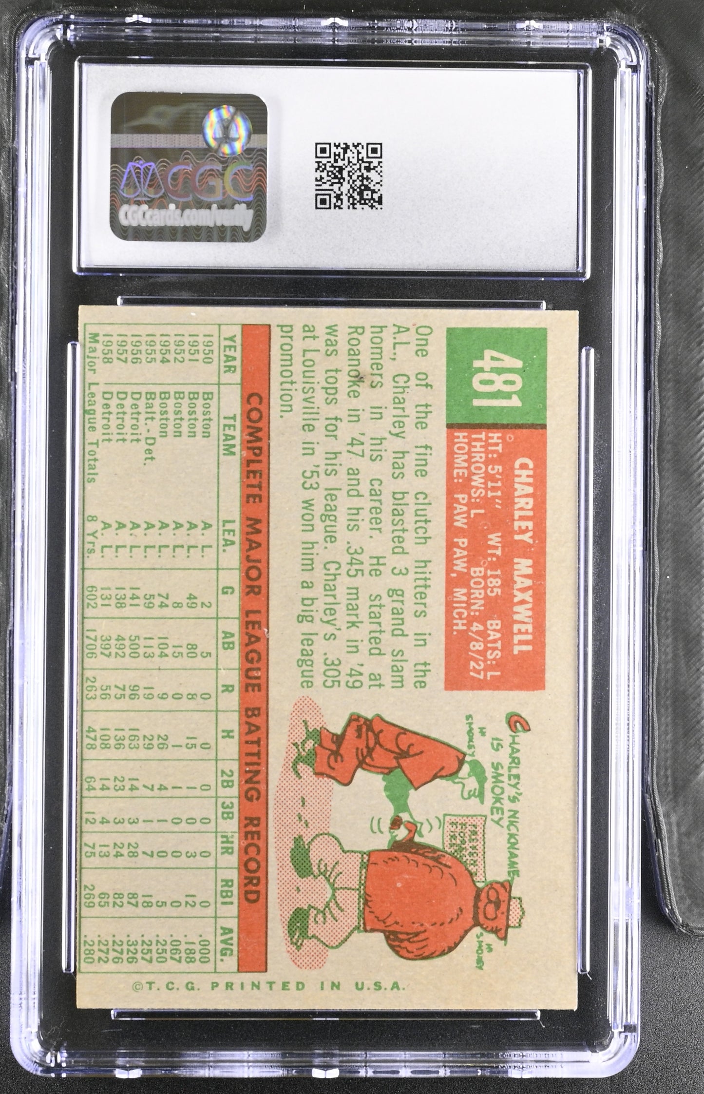 1959 Topps #481 Charlie Maxwell CGC 7 SN 6142657119