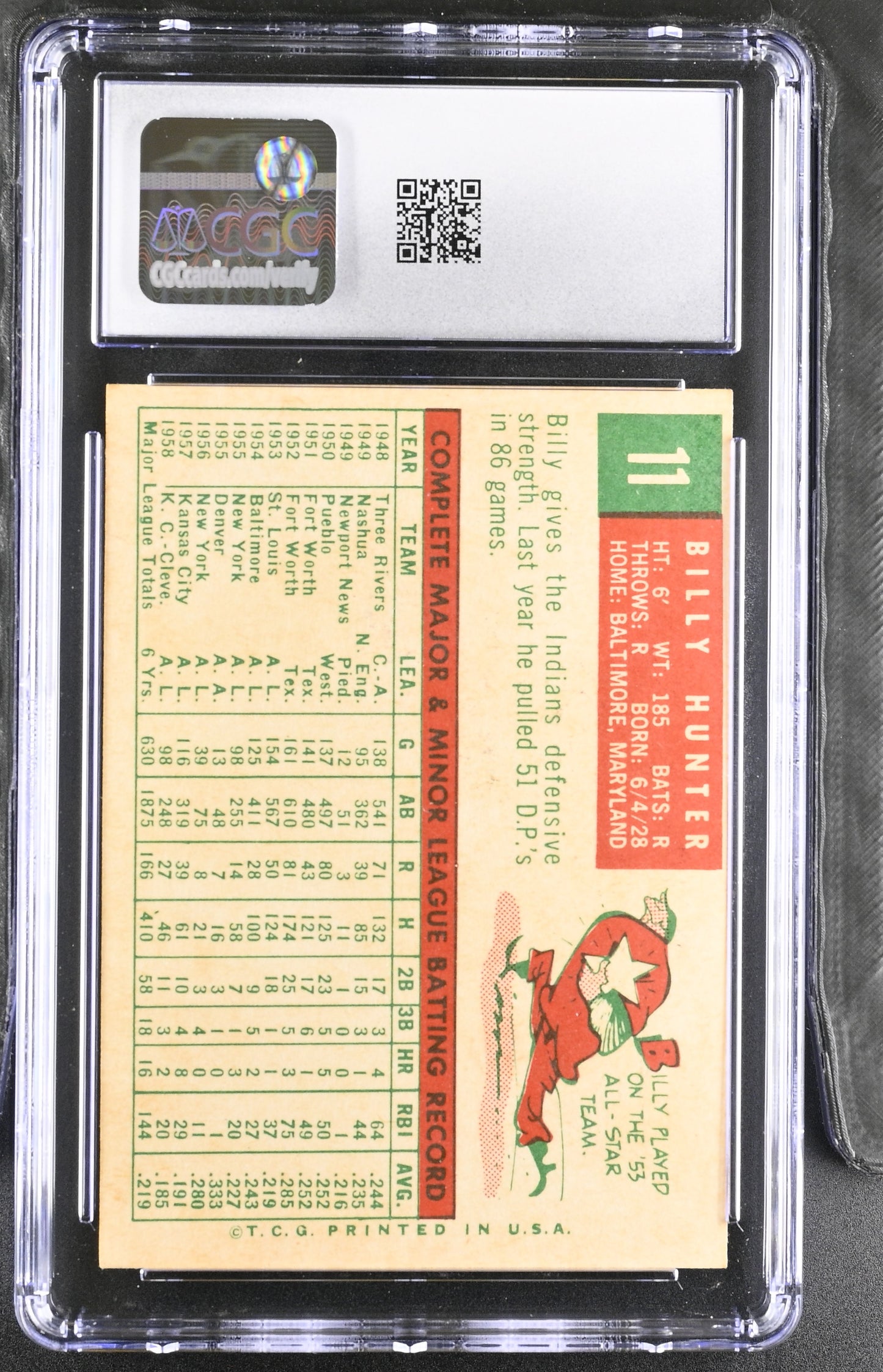 1959 Topps #11 Billy Hunter CGC 6 SN 6142657123
