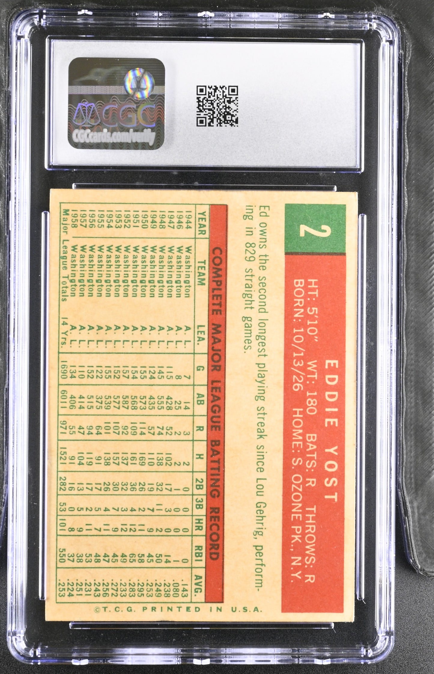 1959 Topps #2 Eddie Yost CGC 5 SN 6142657126