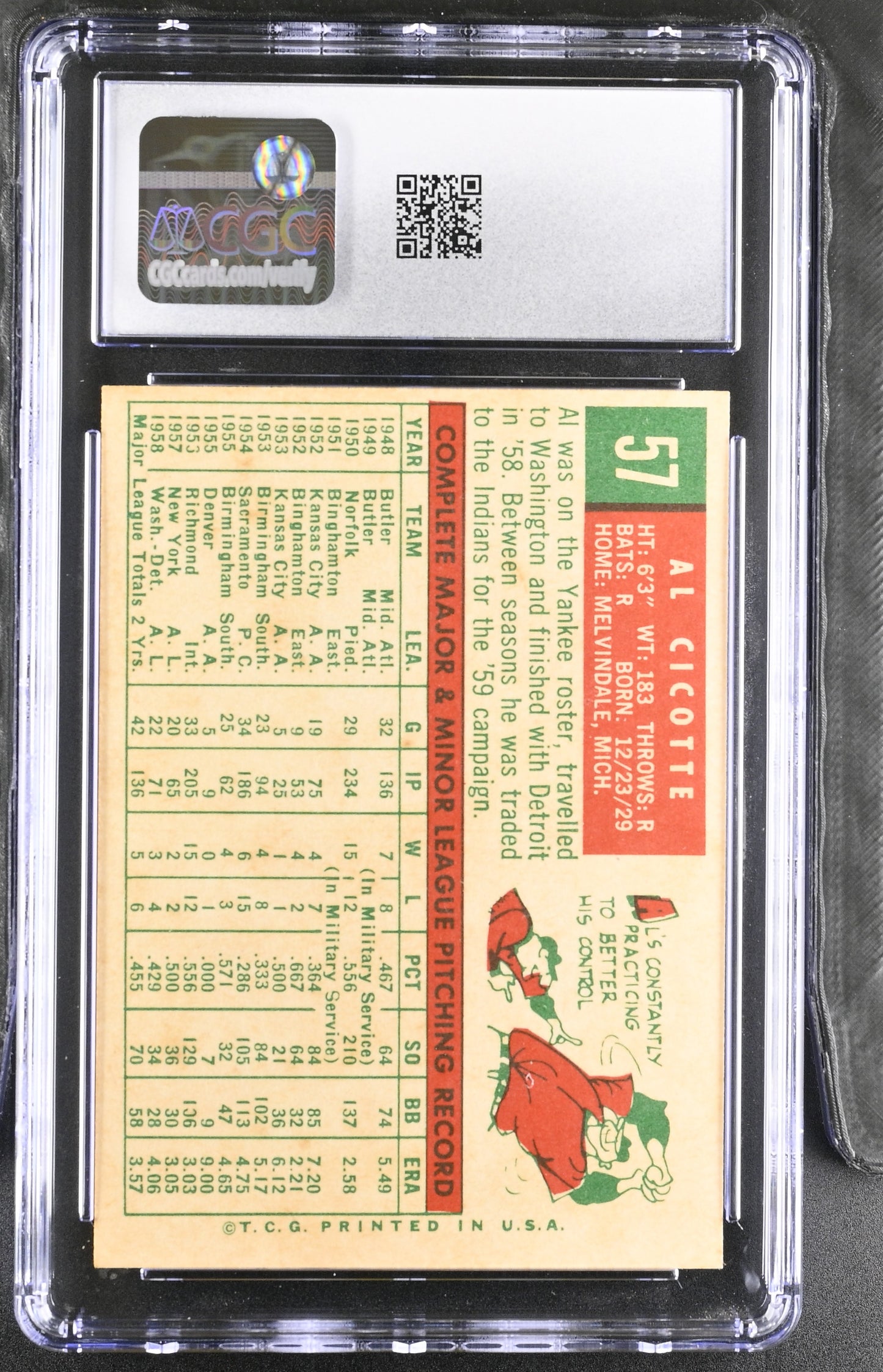 1959 Topps #57 Al Cicotte CGC 6.5 SN 6142657134