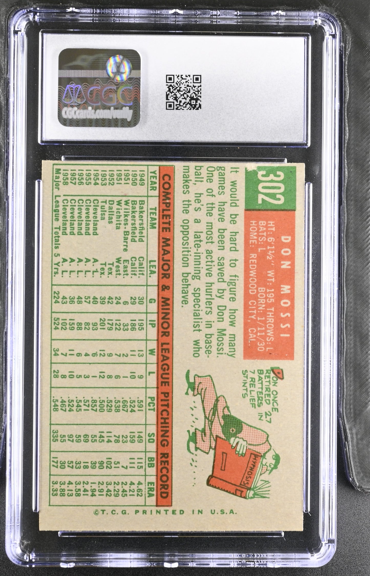 1959 Topps #302 Don Mossi CGC 4 SN 6142657145