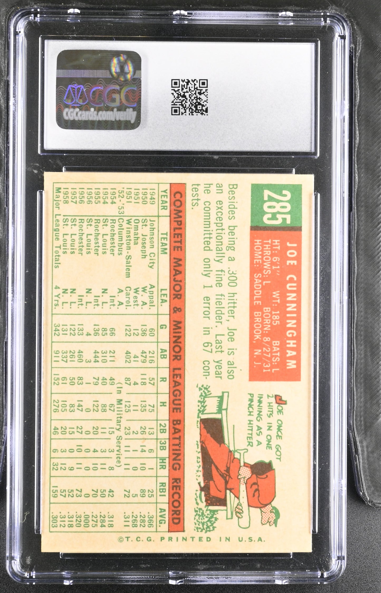1959 Topps #285 Joe Cunningham CGC 8 SN 6142657150