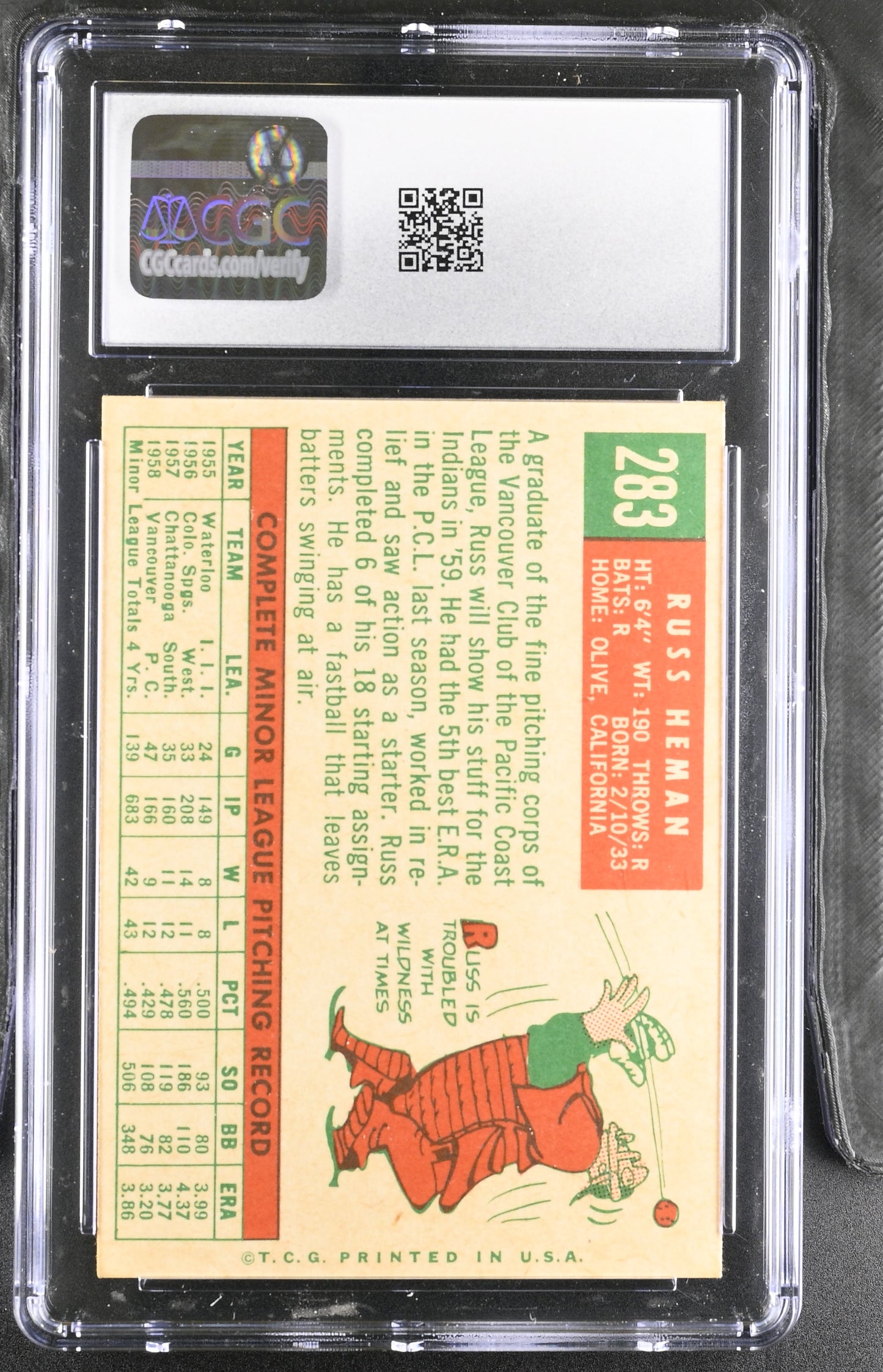 1959 Topps #283 Russ Heman CGC 6 SN 6142657151