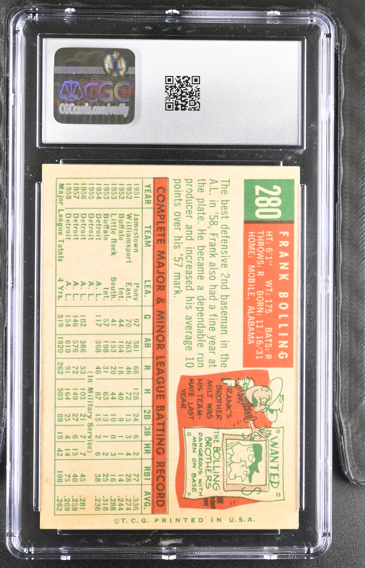 1959 Topps #280 Frank Bolling CGC 8 SN 6142657154