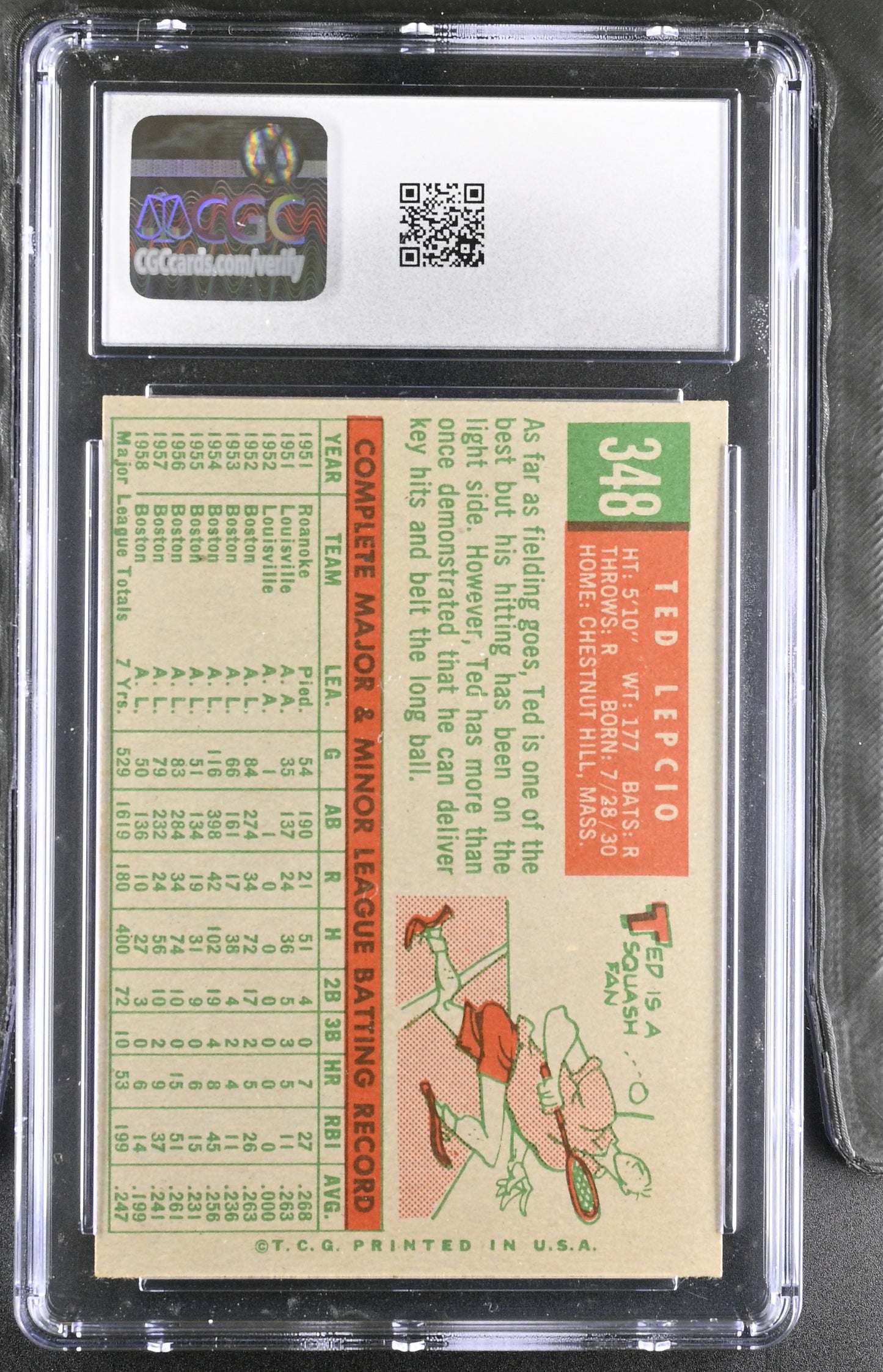 1959 Topps #348 Ted Lepcio CGC 6 SN 6142657160