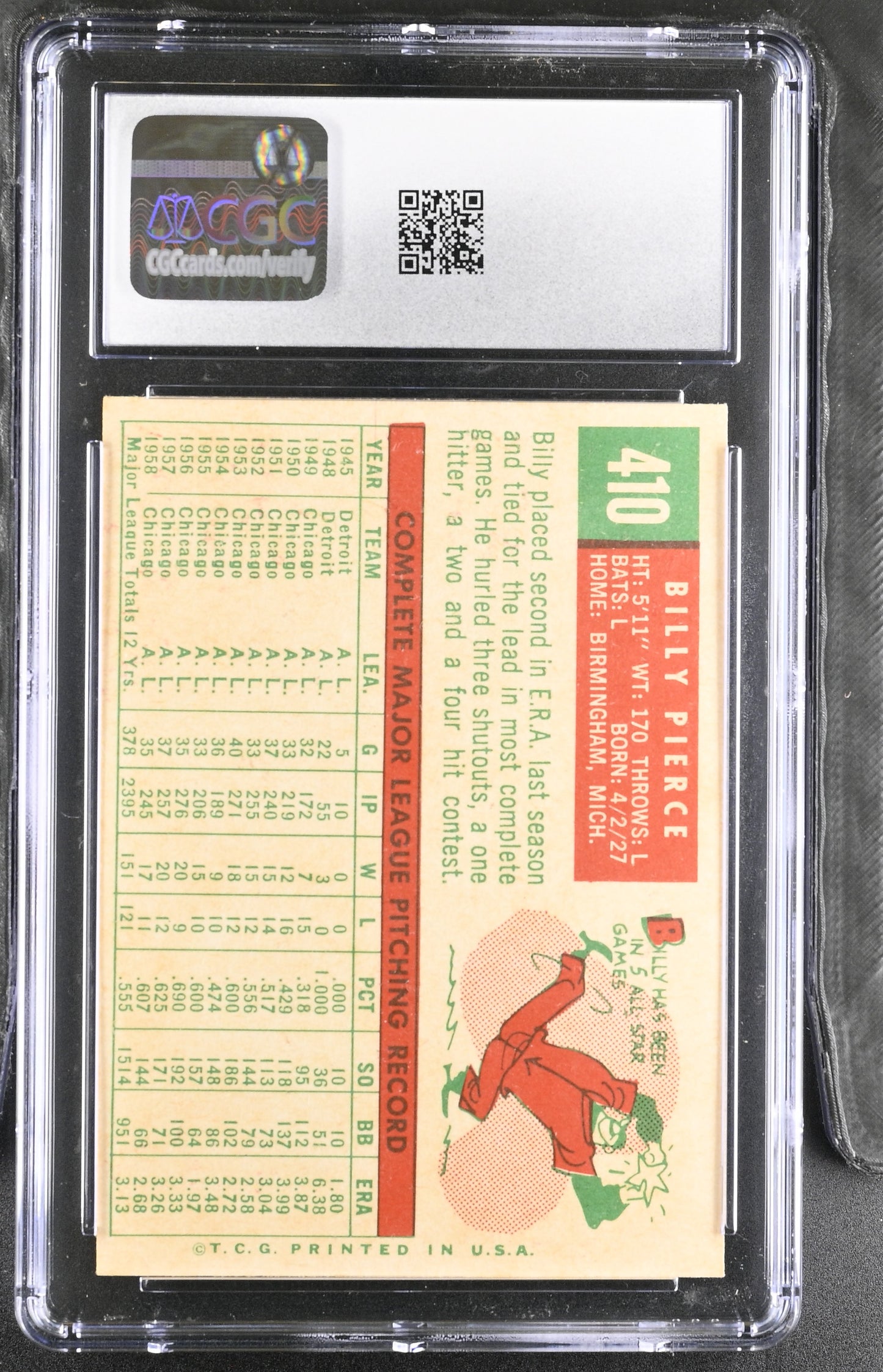 1959 Topps #410 Billy Pierce CGC 7 SN 6142657171