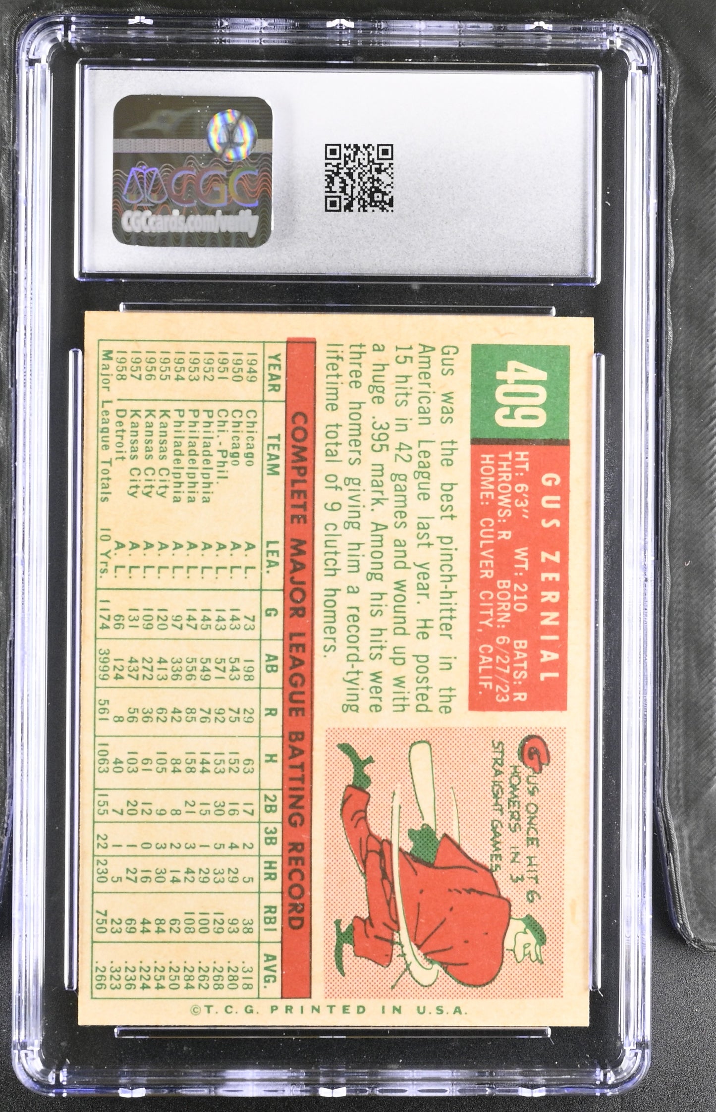 1959 Topps #409 Gus Zernial CGC 5.5 SN 6142657172