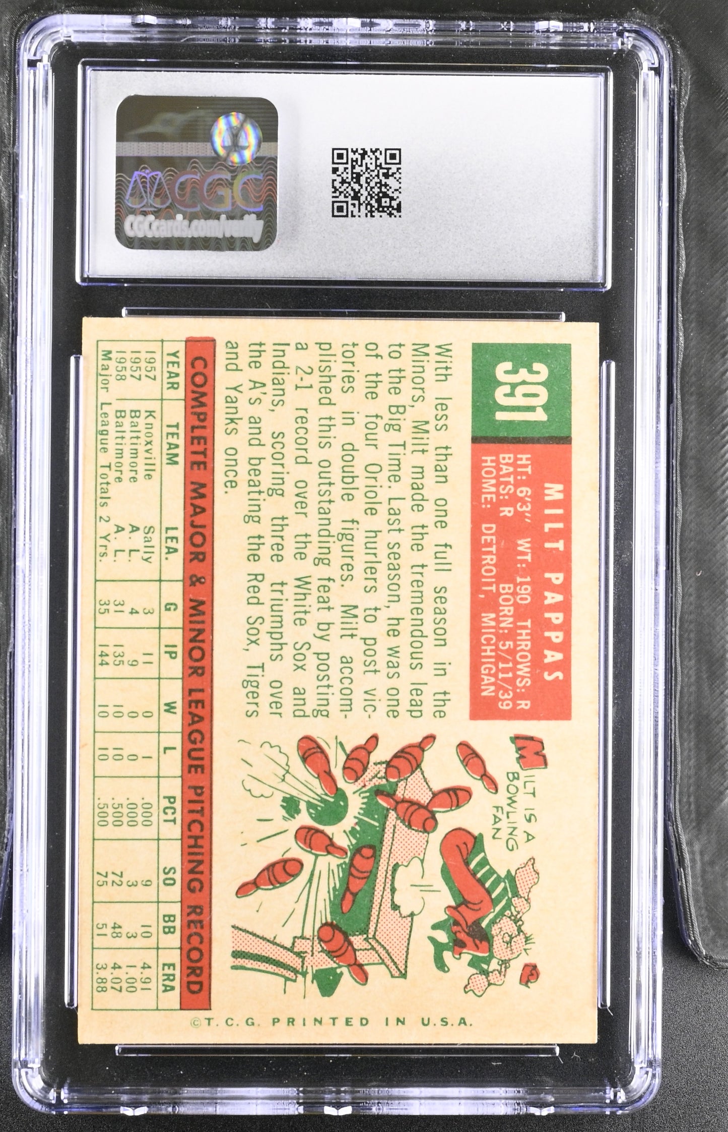 1959 Topps #391 Milt Pappas CGC 7 SN 6142657175