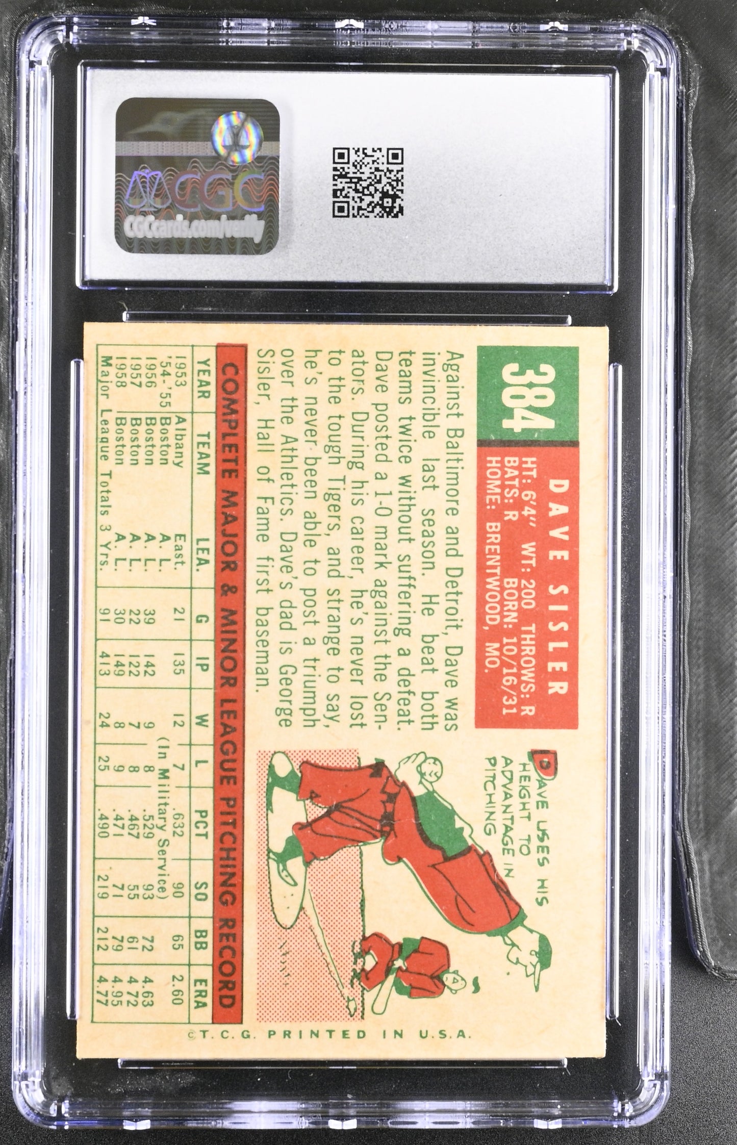 1959 Topps #384 Dave Sisler CGC 6 SN 6142657178