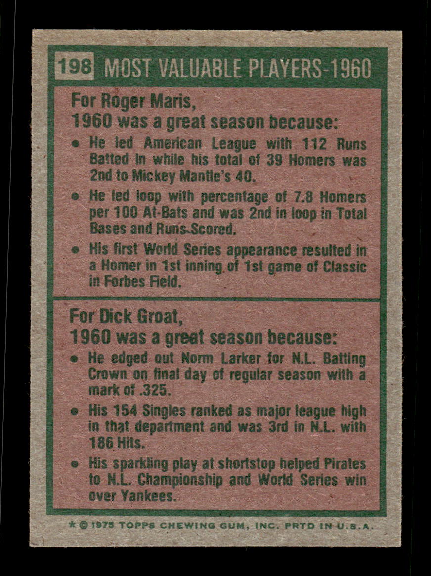 1975 Topps #198 1960 MVPs New York Yankees VGEX CS26016766