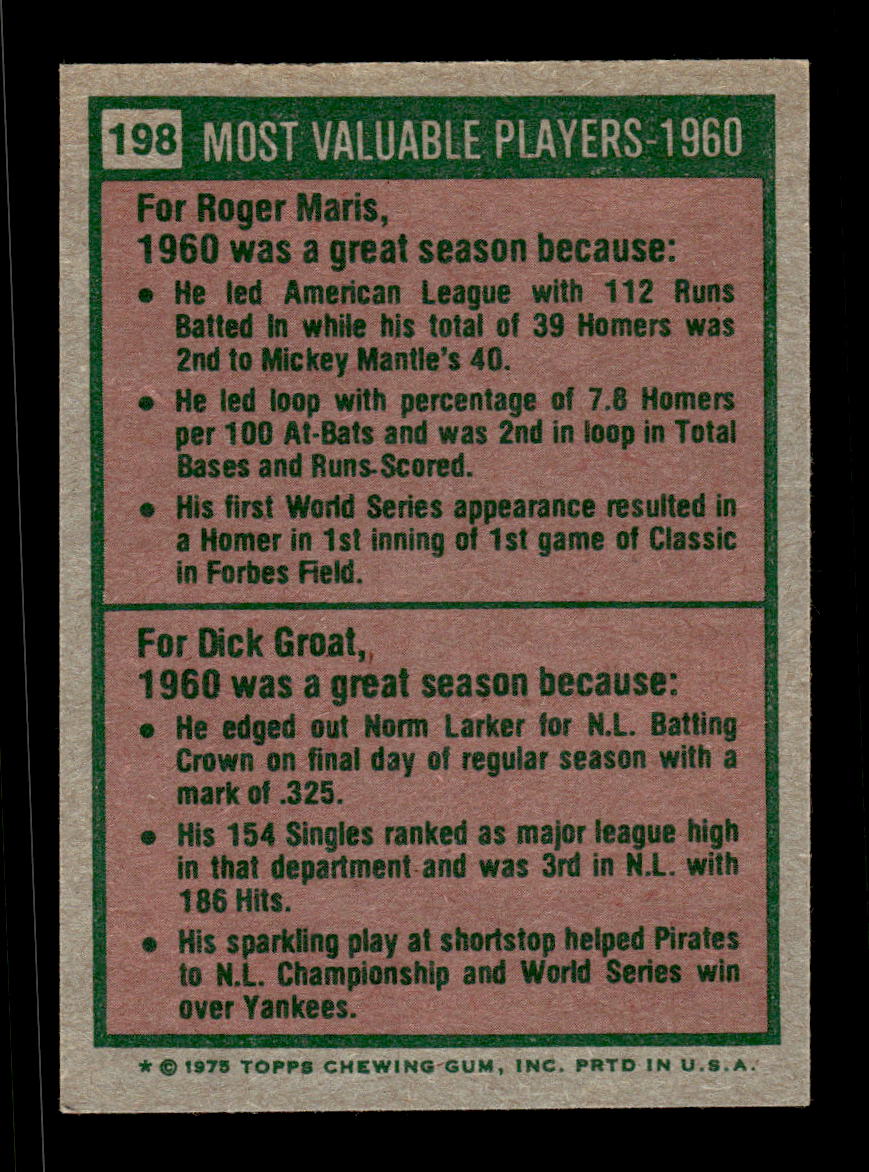 1975 Topps #198 1960 MVPs (Roger Maris / Dick Groat) VGEX CS26016768