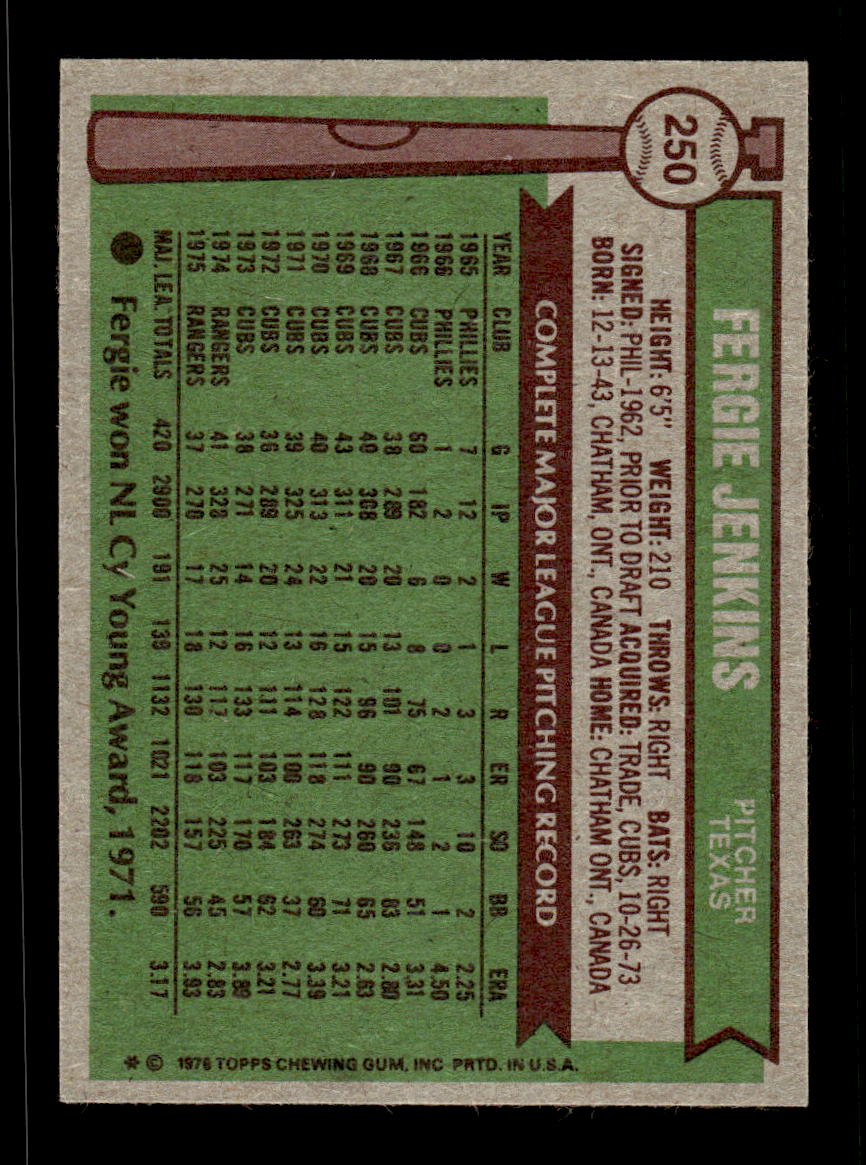 1976 Topps #250 Fergie Jenkins Texas Rangers VGEX CS26016772
