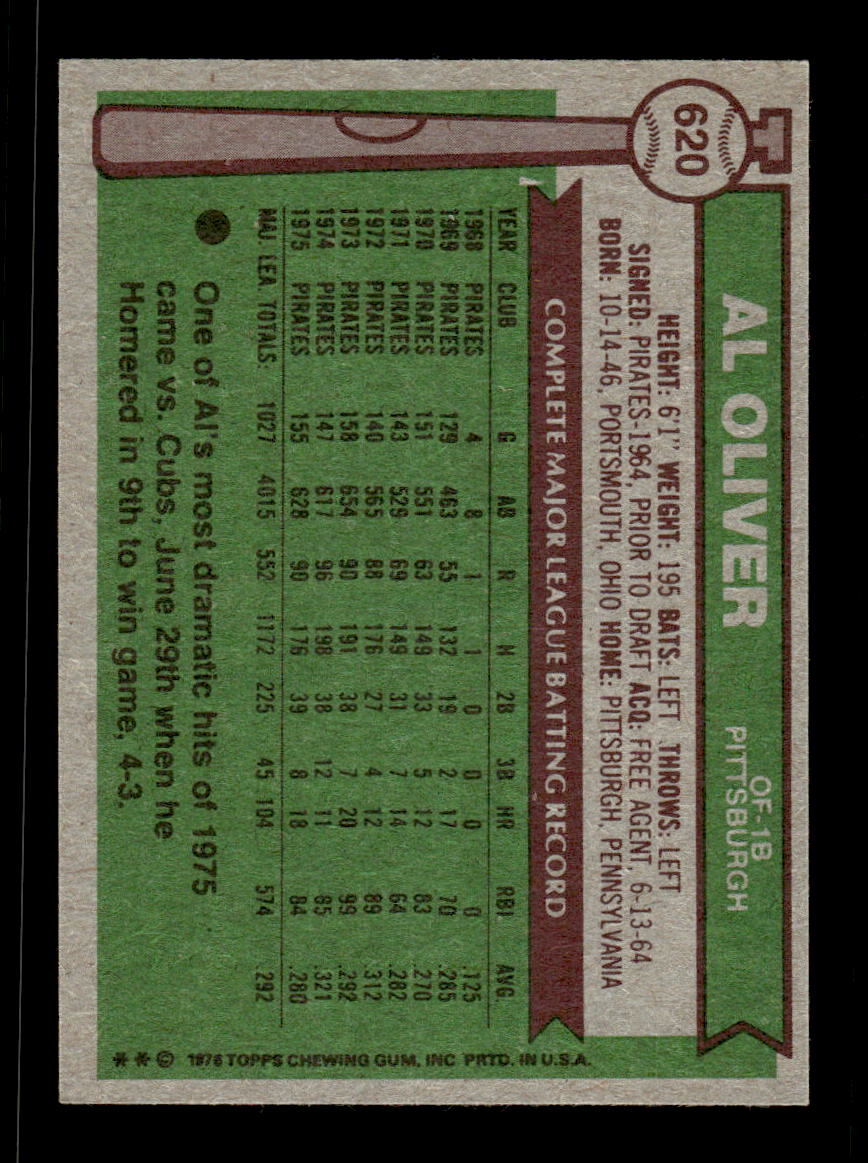1976 Topps #620 Al Oliver Pittsburgh Pirates VGEX CS26016802