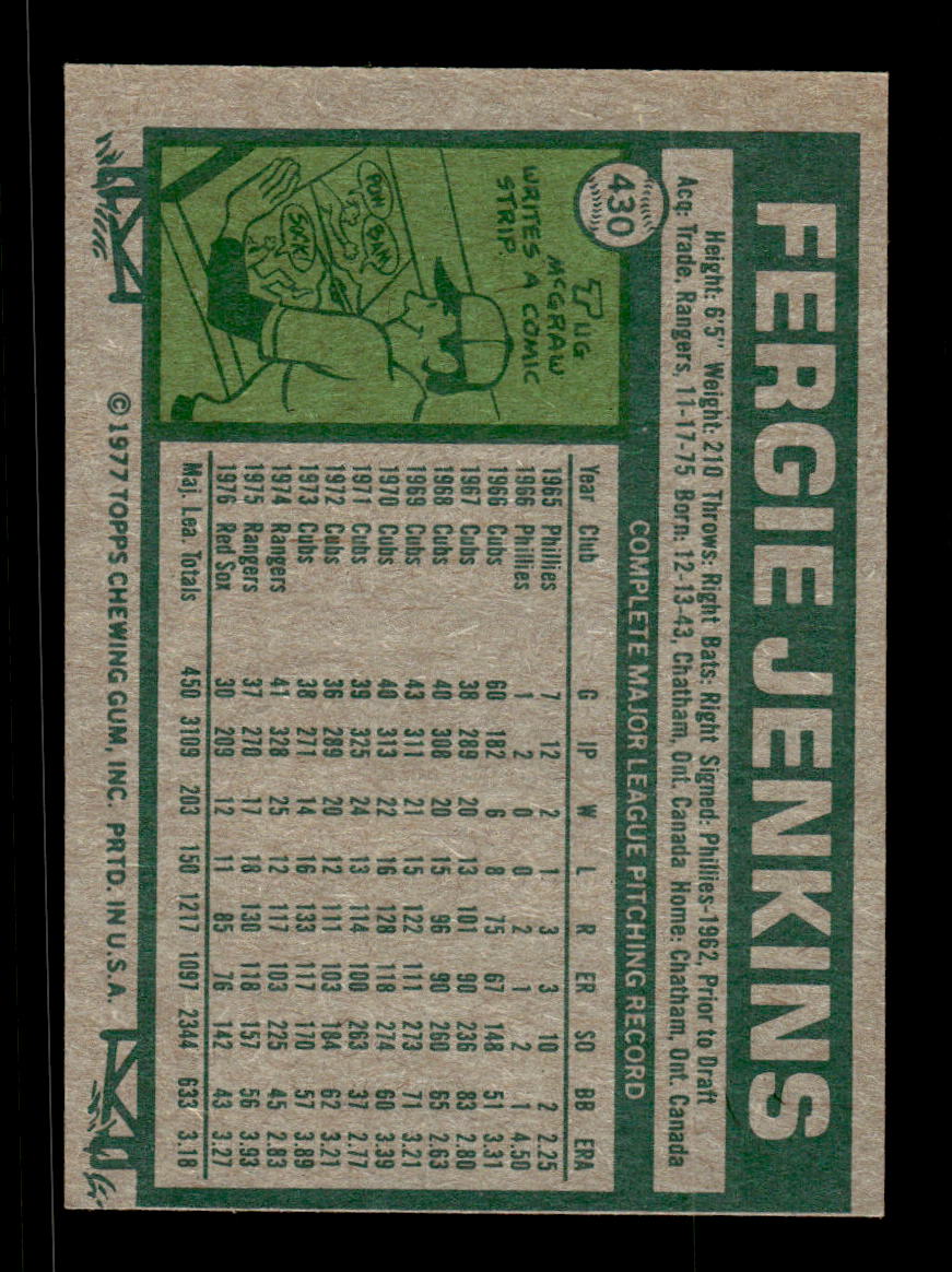 1977 Topps #430 Fergie Jenkins Boston Red Sox VGEX CS26016803